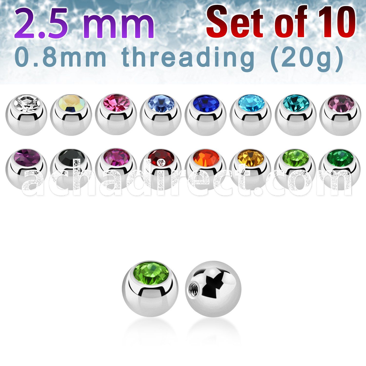 10 2.5mm 316l steel balls w crystals w 0.8mm threading