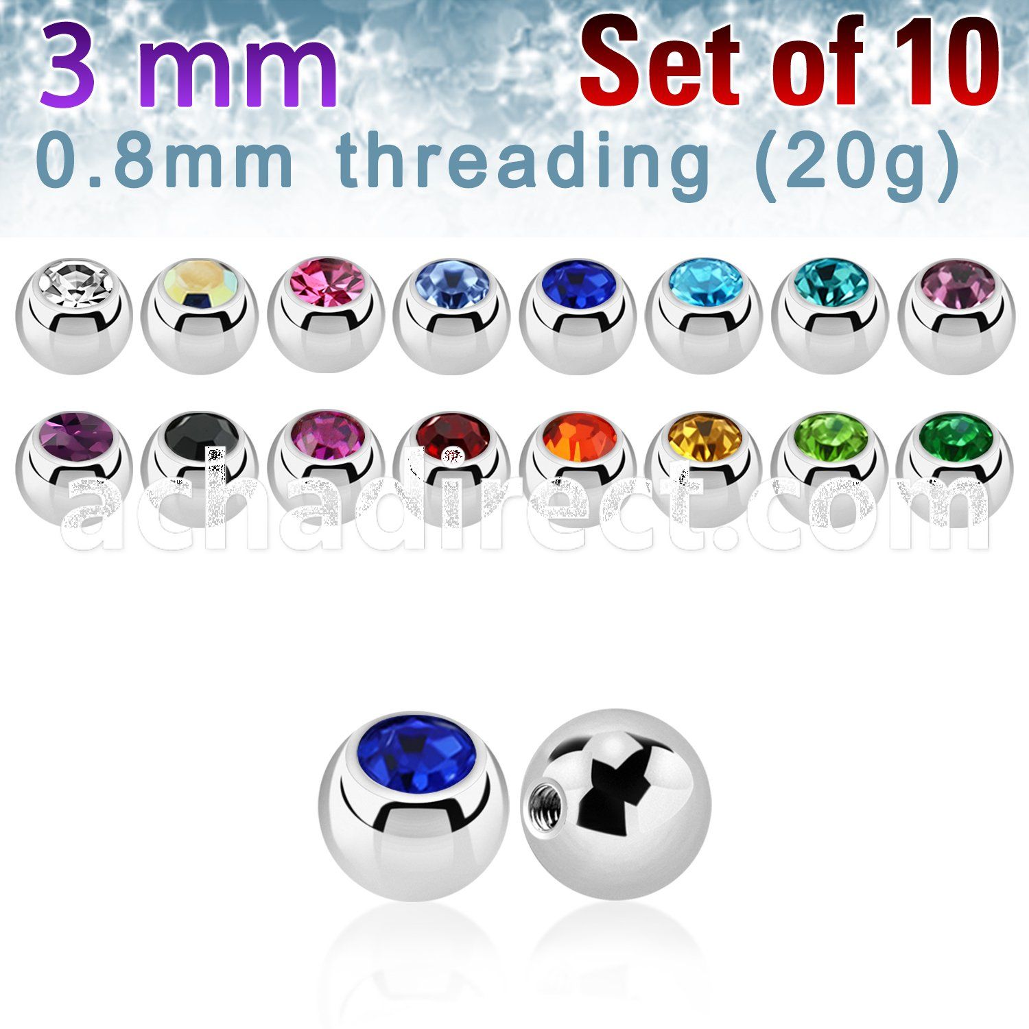 10 3mm 316l steel balls w crystals w 0.8mm threading