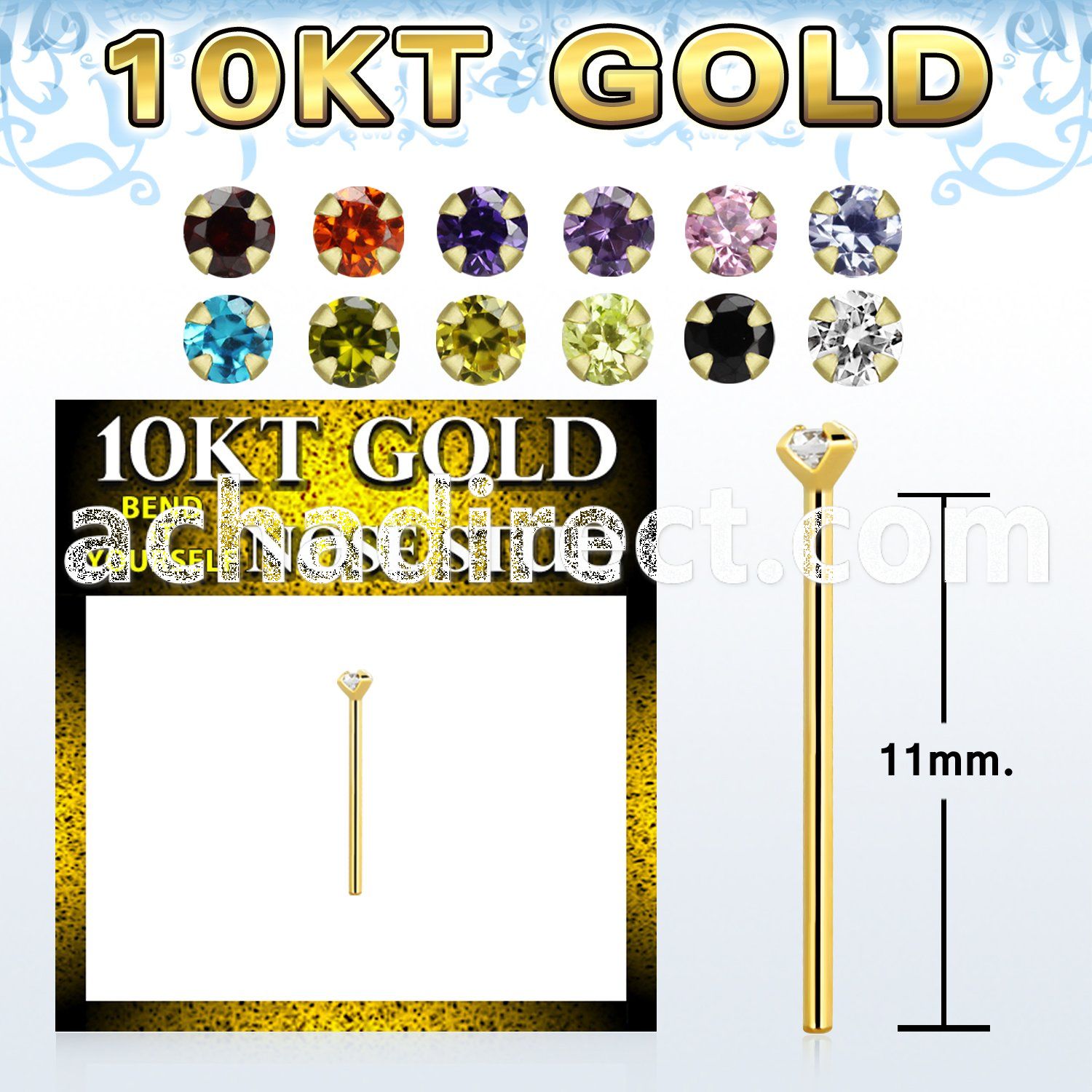 10kt gold bend it nose stud w a 1.5mm round cz stone
