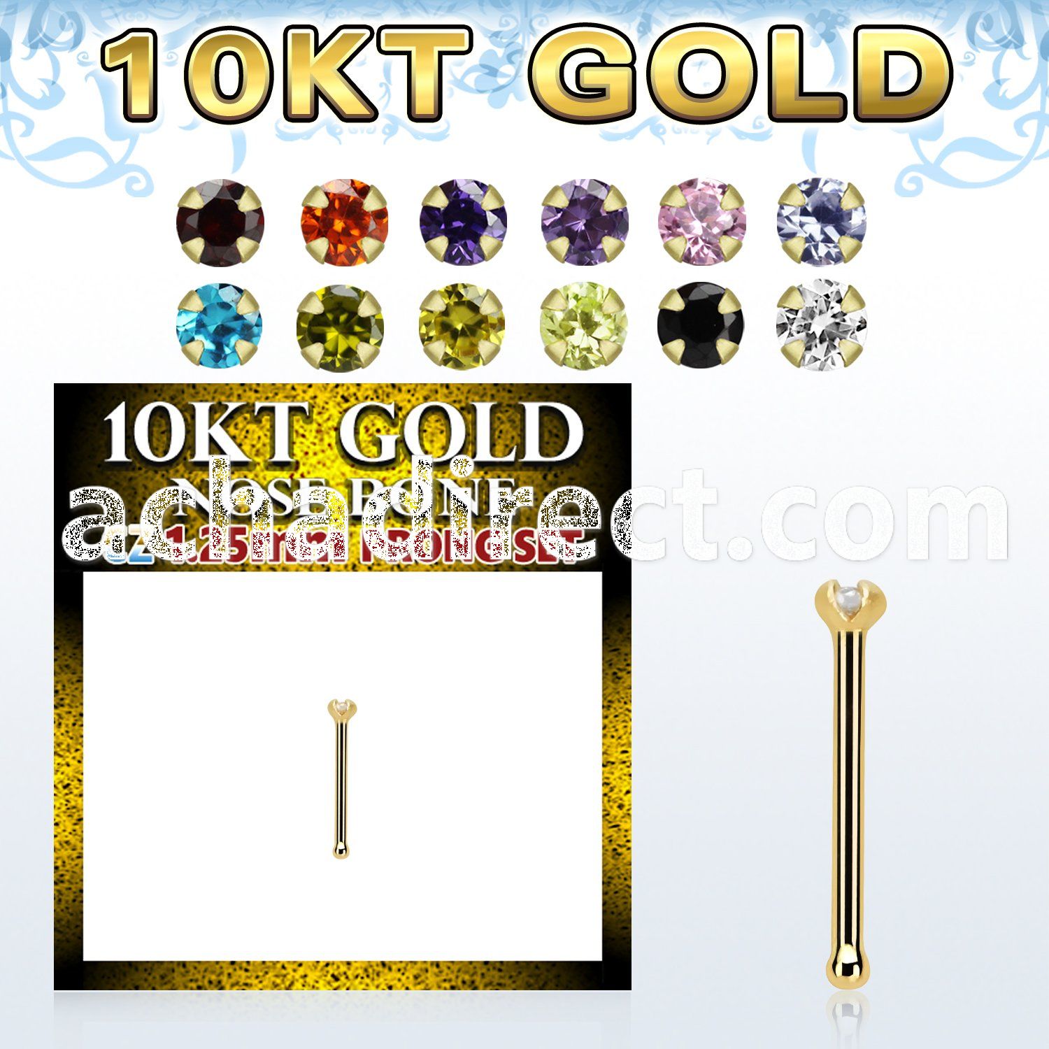 10kt gold nose bone w 1.25mm round color cz stone