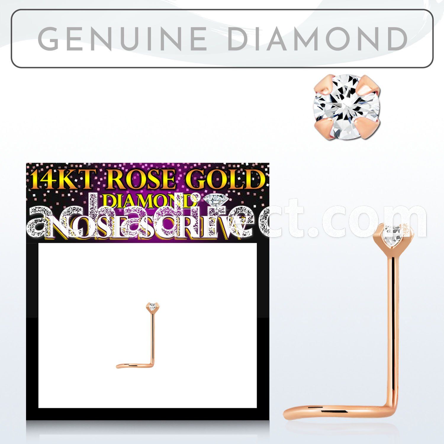 14kt rose gold nose screw w 1.5mm clear prong set diamond