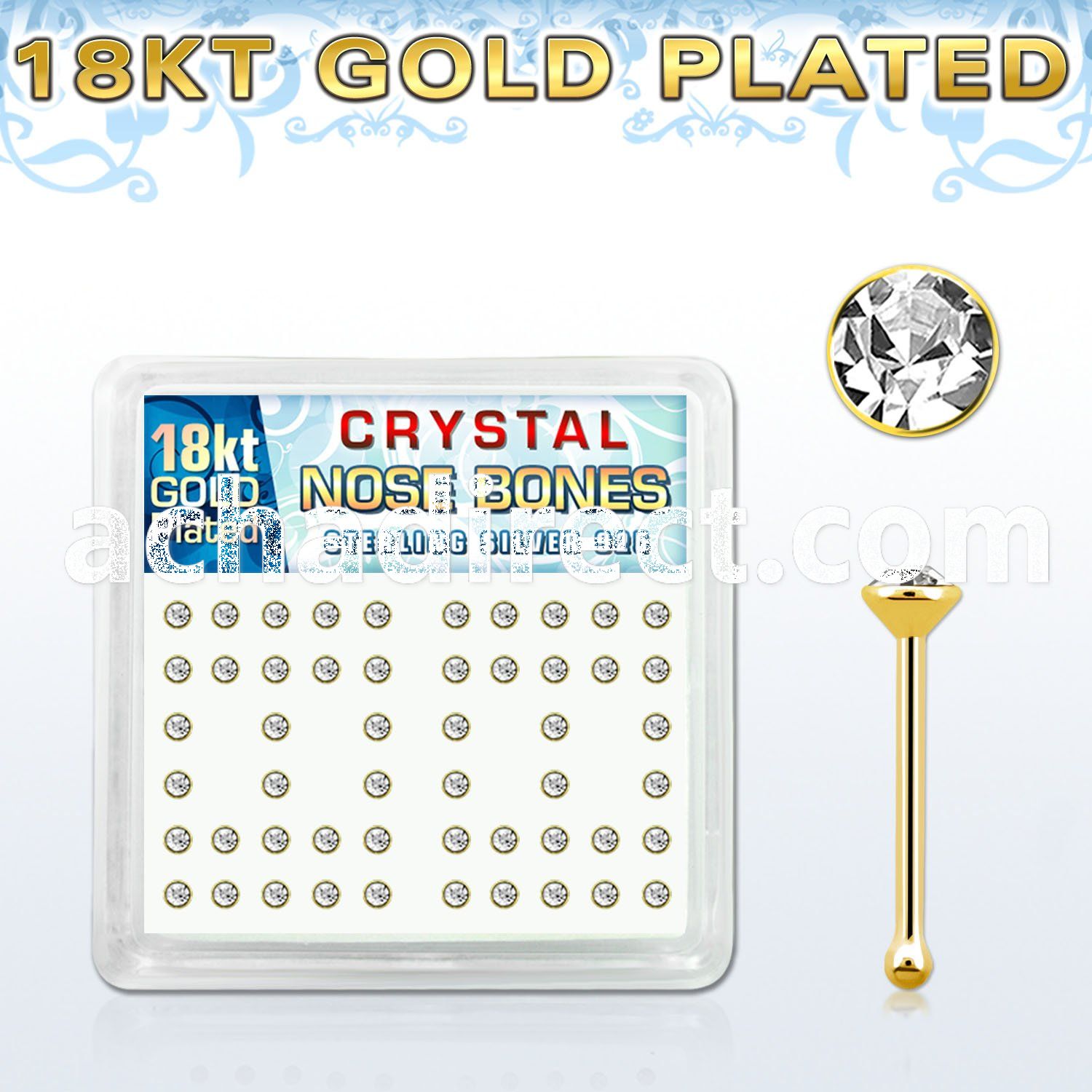 18b14xc silver nose bones w 18k gold plating 2mm crystal tops