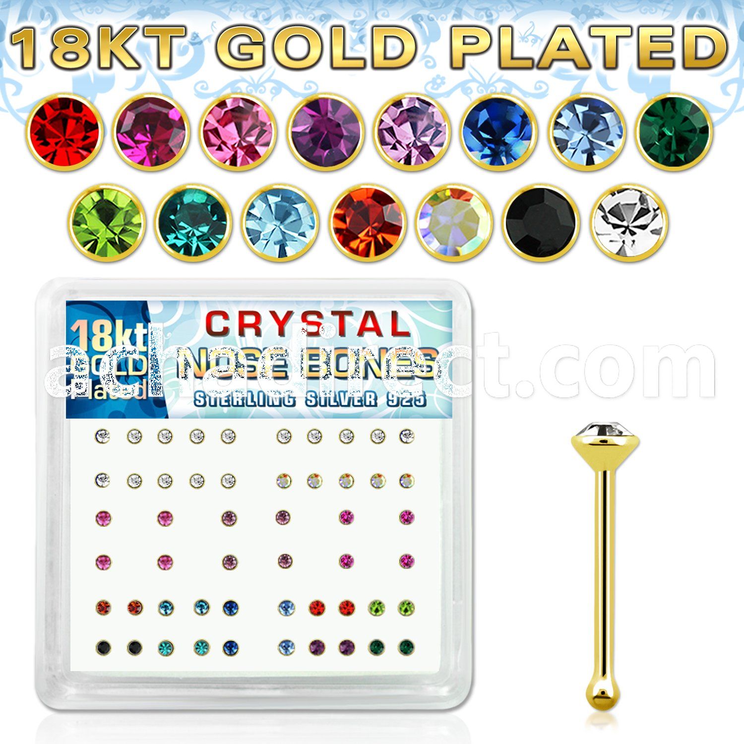 18b14xm silver nose bones w 18k gold plating 2mm crystal tops