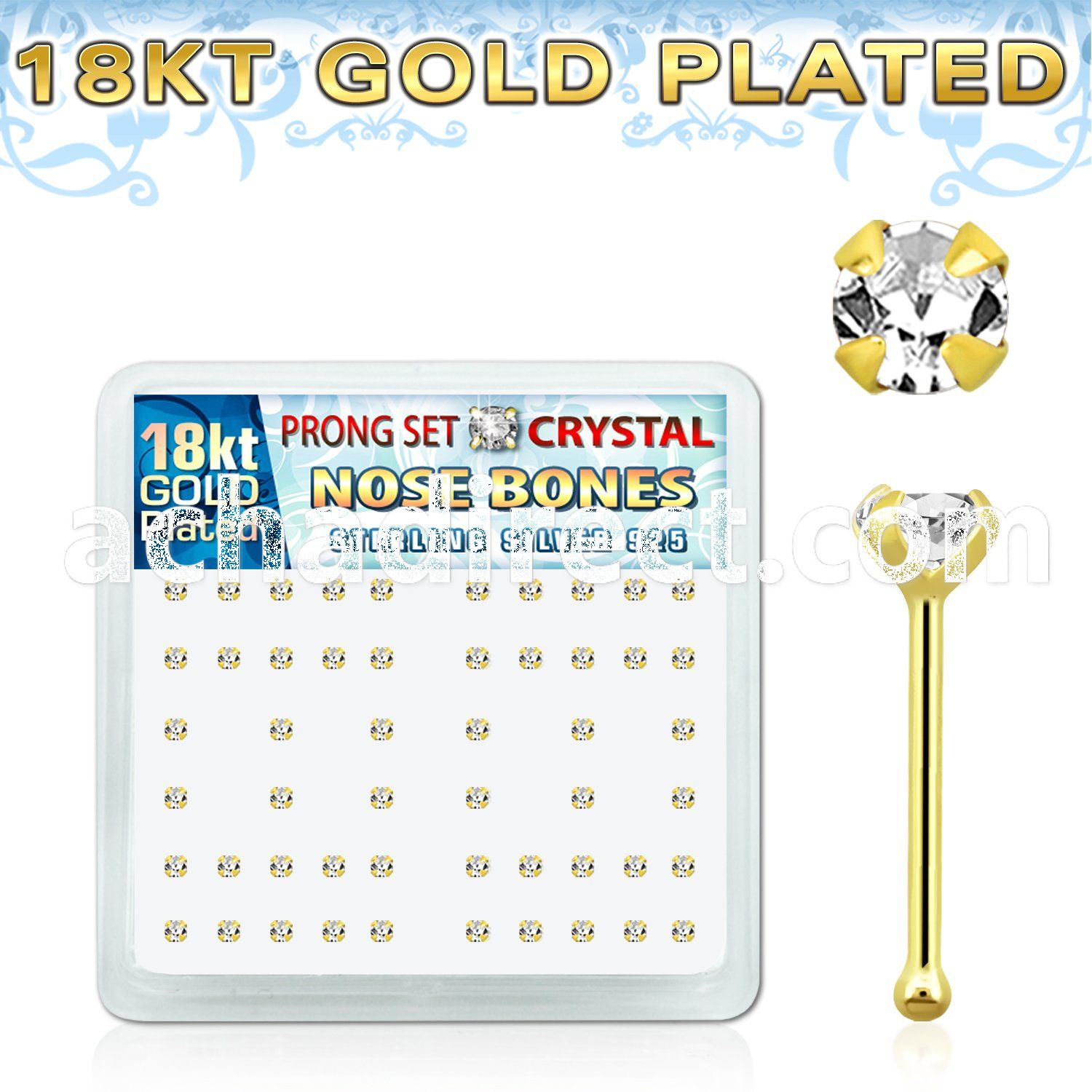 18bp14xc box of gold silver nose bones w 2mm prong clear crystals