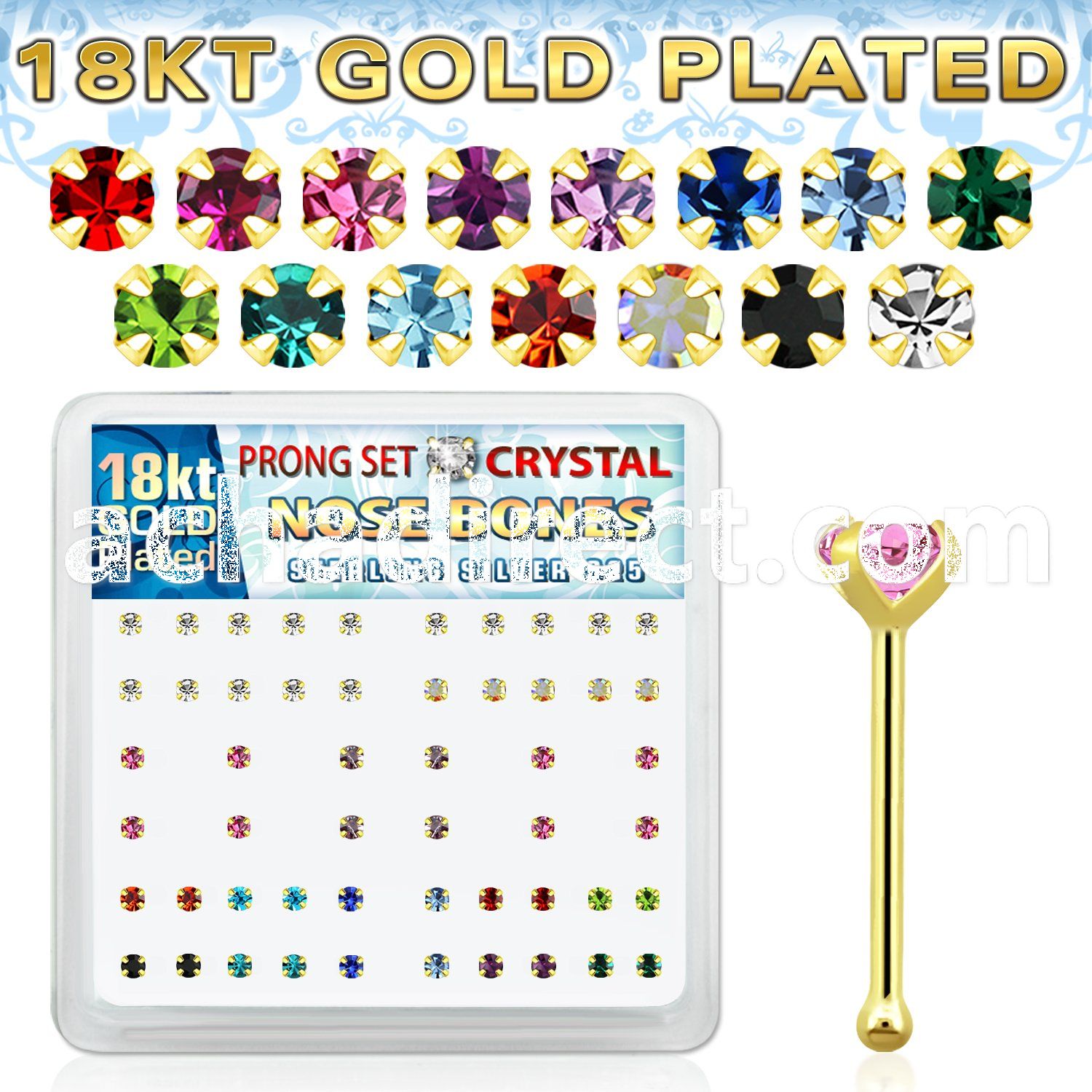 18bp14xm box of gold silver nose bones w 2mm prong set crystals