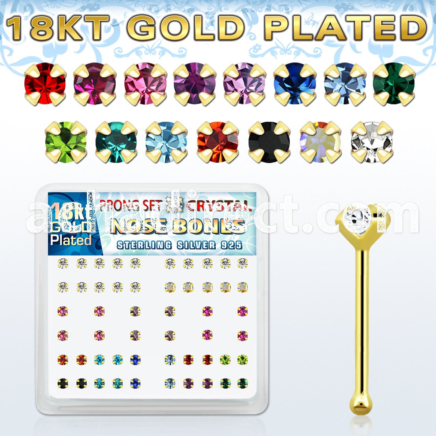 18bp19xm box of gold silver nose bones w prong set cz in colors