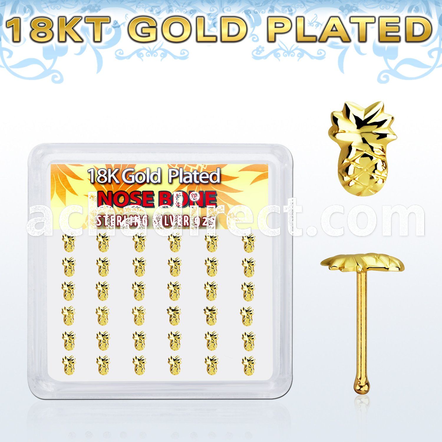 18bvpa36 box w silver nose bone 18k gold plating pineapple top