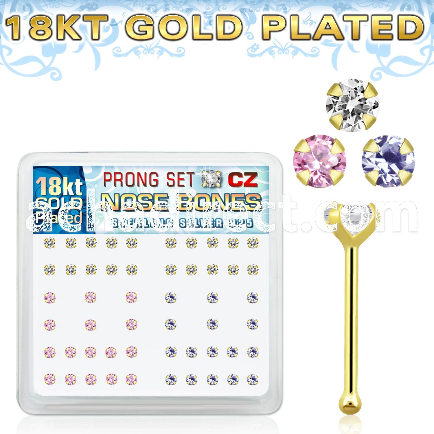 18bz25xm box of gold silver nose bones with 2 5mm prong set cz