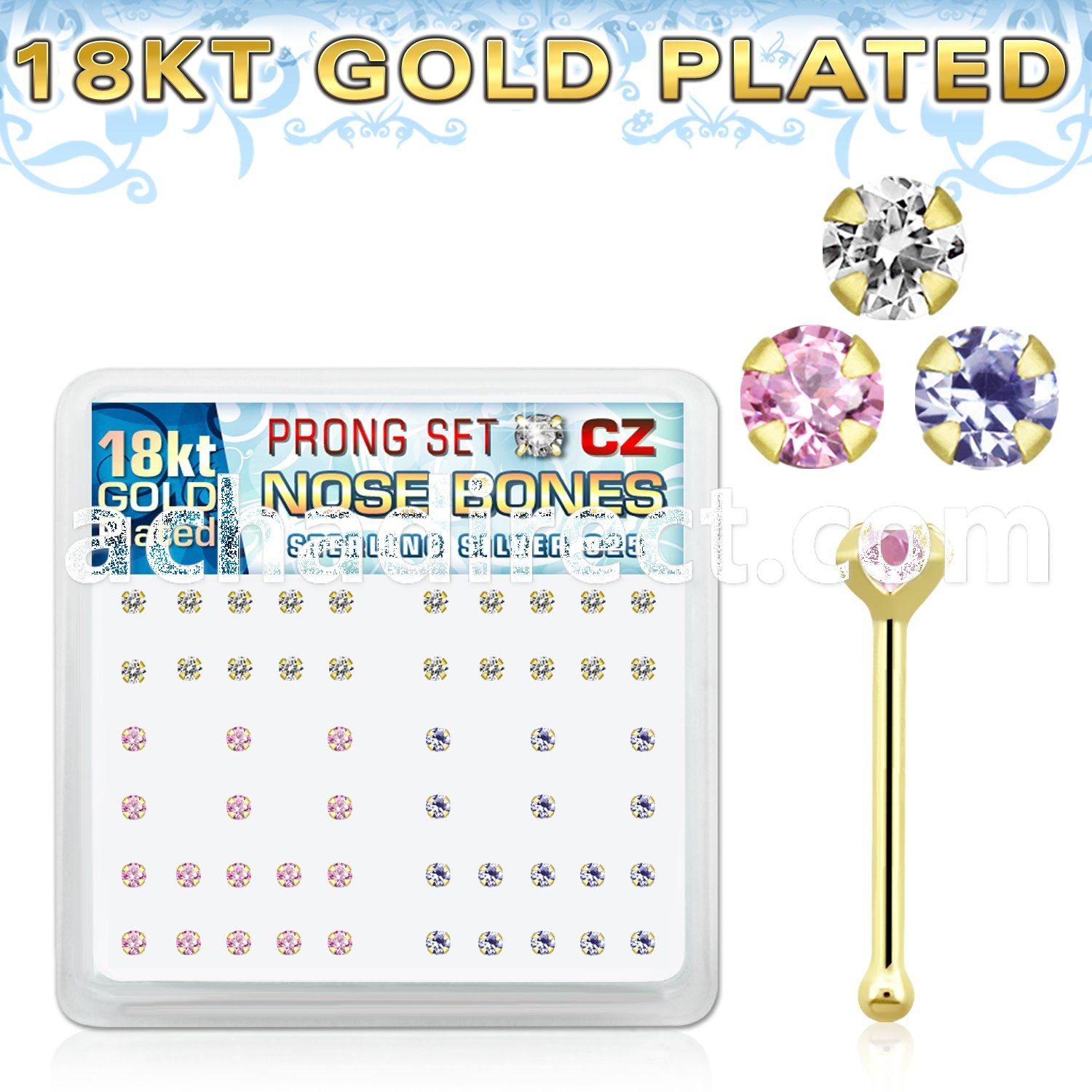 18bz2xm silver nose bones w 18k gold plating 2mm czs