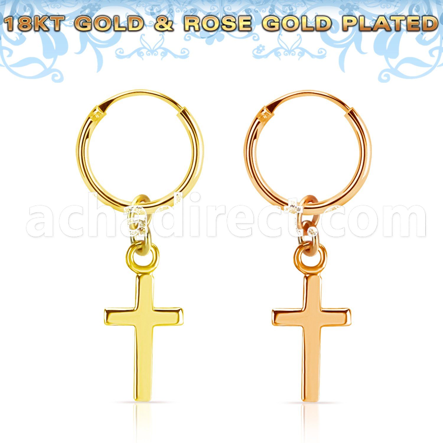 18k gold plated silver helix hoop w small cross dangling 