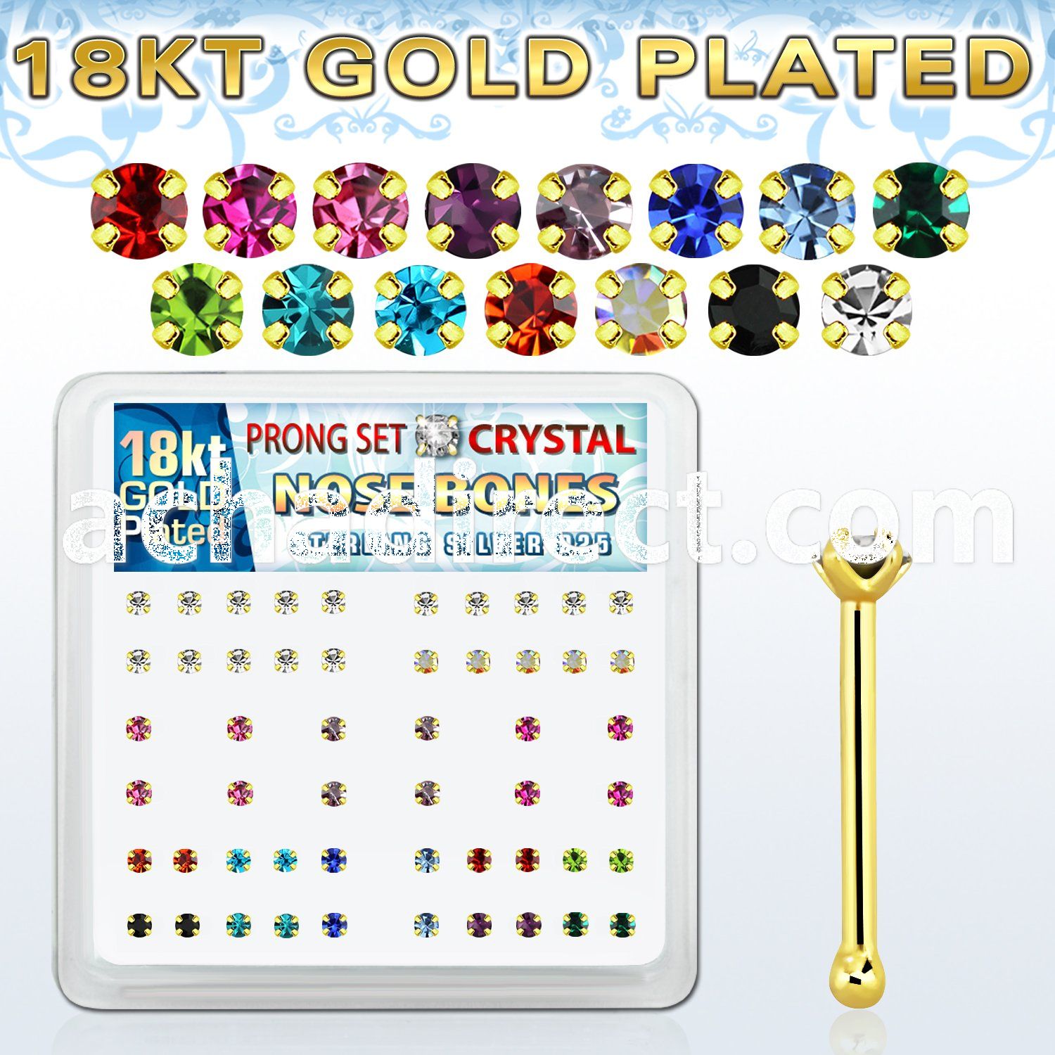 18nbpxm silver nose bone w 18k gold plating prong set crystal
