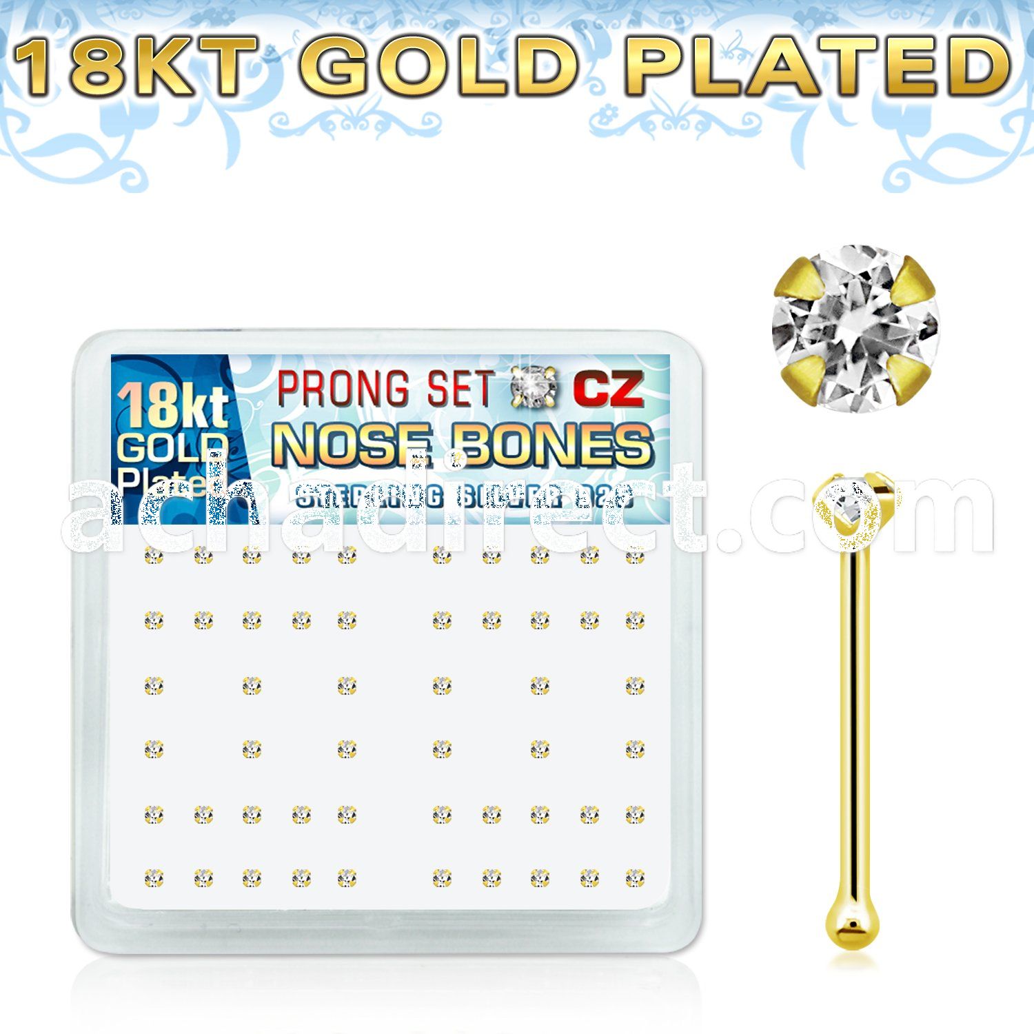 18nbzbc silver nose bone w 1 5mm prong cz 18k gold plating
