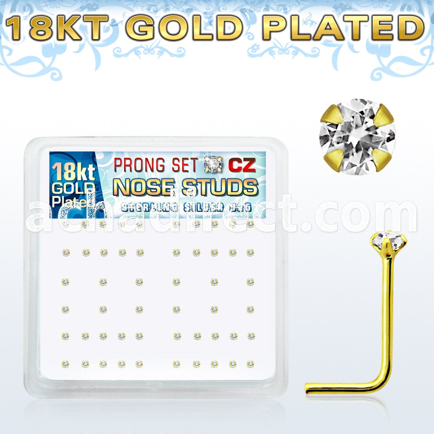 18nszbc silver nose stud w 1 5mm cz 18k gold plating