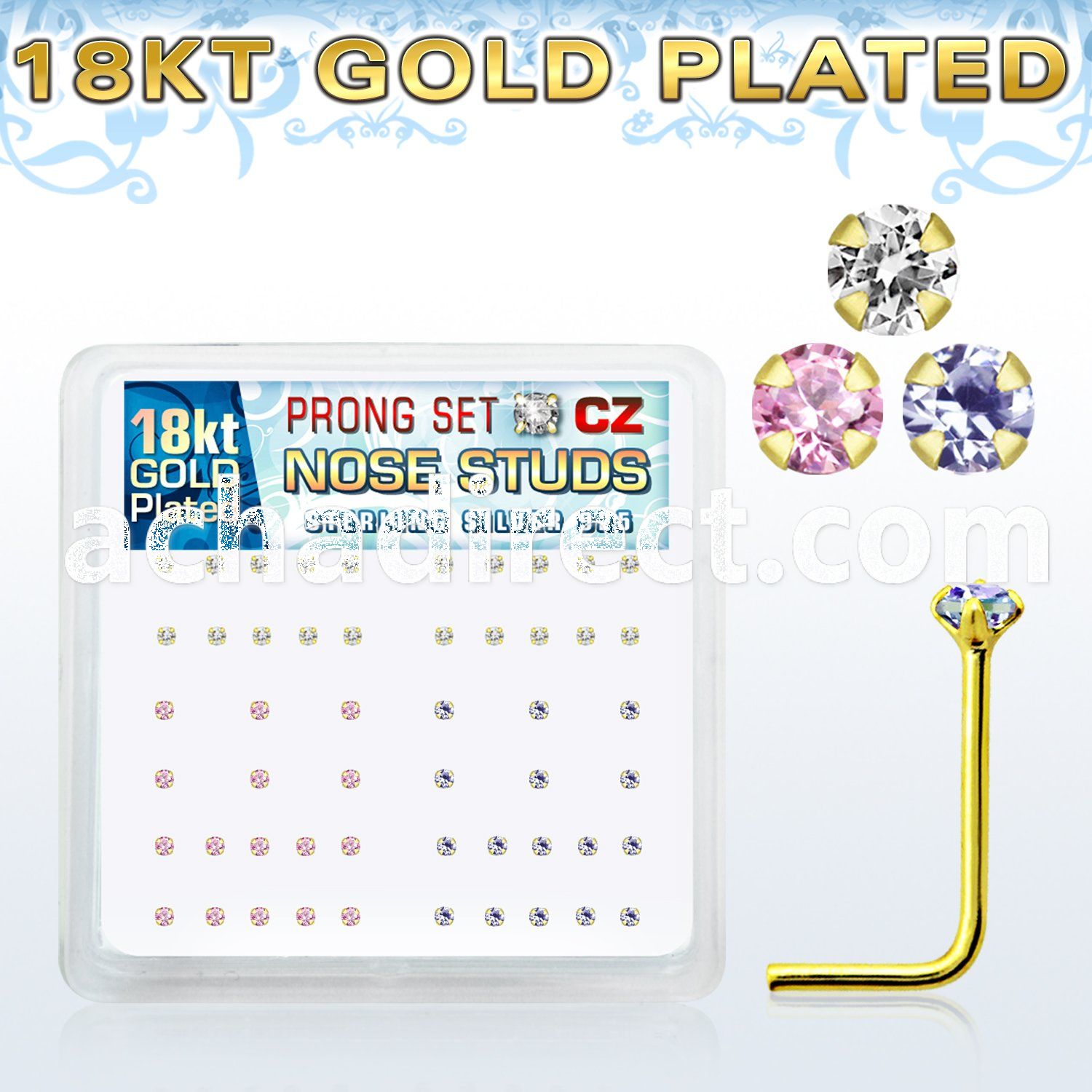 18nszbm silver nose bone w 18k gold plating prong set cz stone