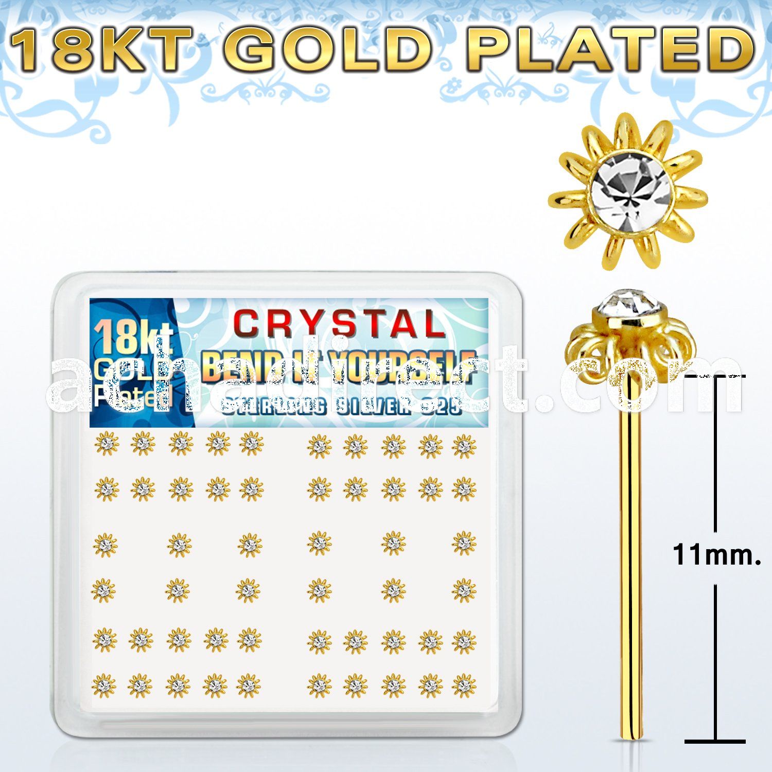 18nyfwxc box w gold plated silver bend it nose stud wire flower