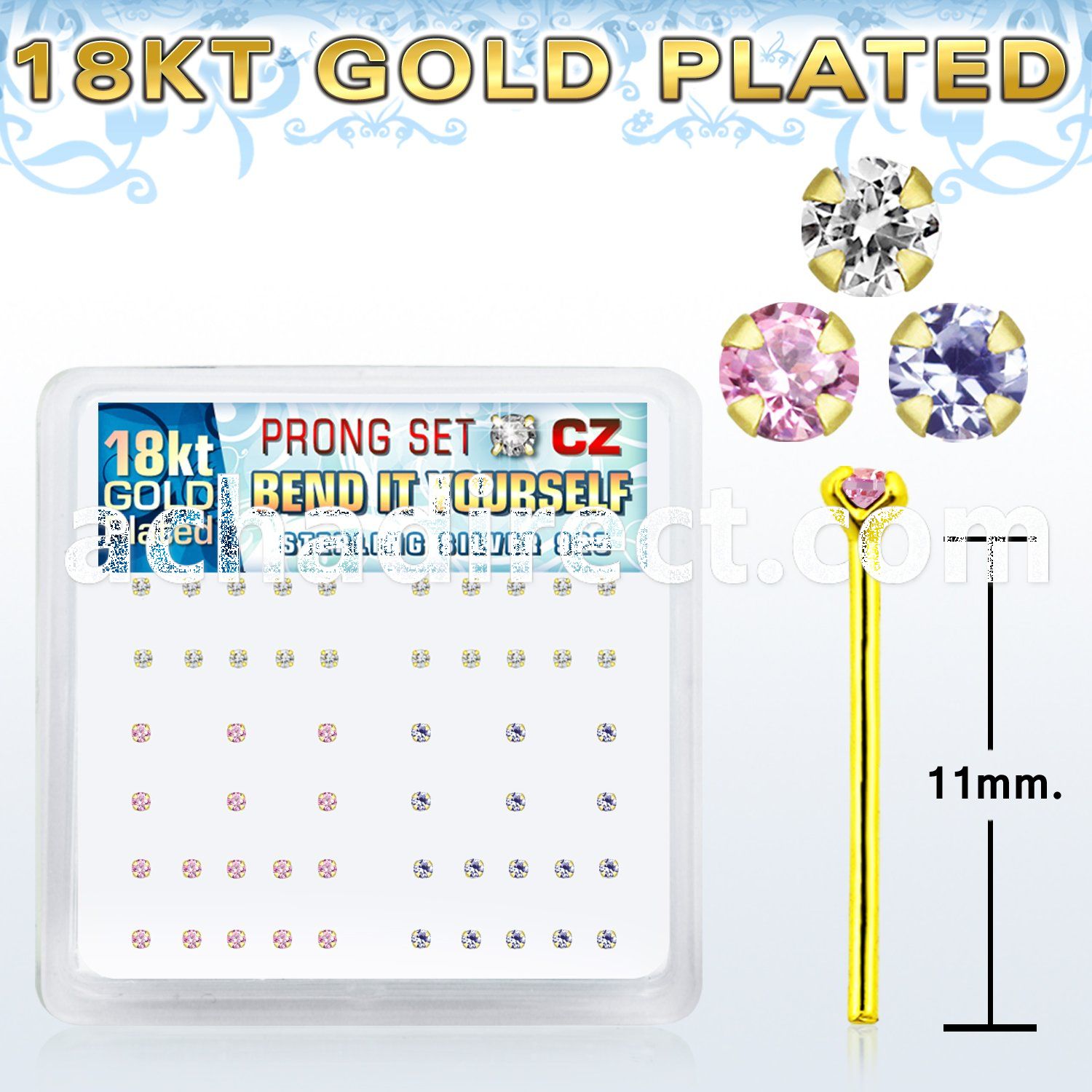 18nyzbm 18k gold plated silver bend it nose stud w prong set cz