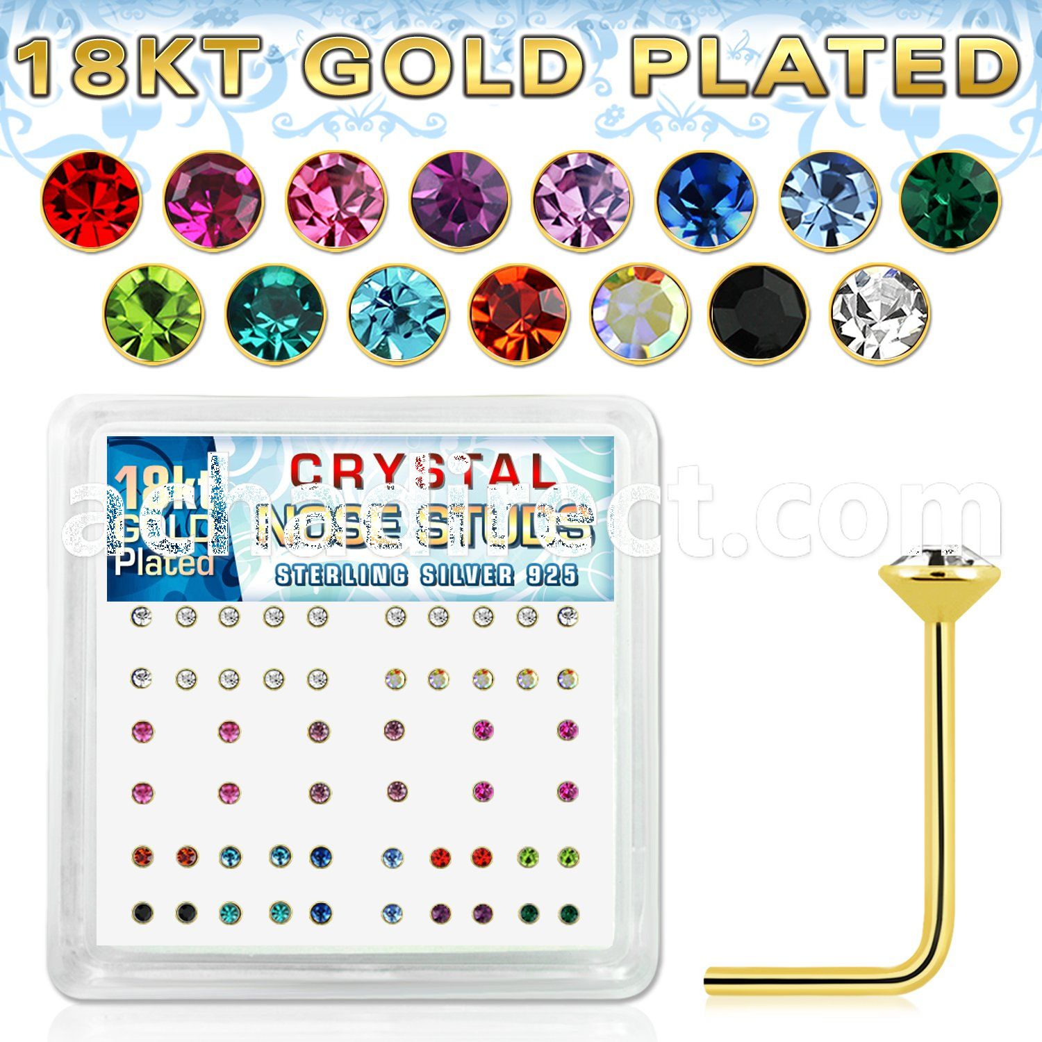 18s14xm silver nose studs real 18k gold plating and 2mm round crystal tops in assorted colors