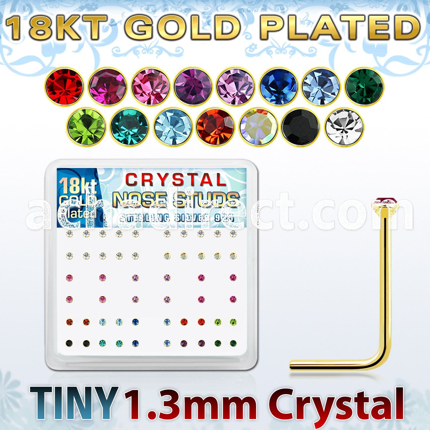 18s6xm silver nose studs 18k gold plating 1 25mm round crystal tops in assorted colors