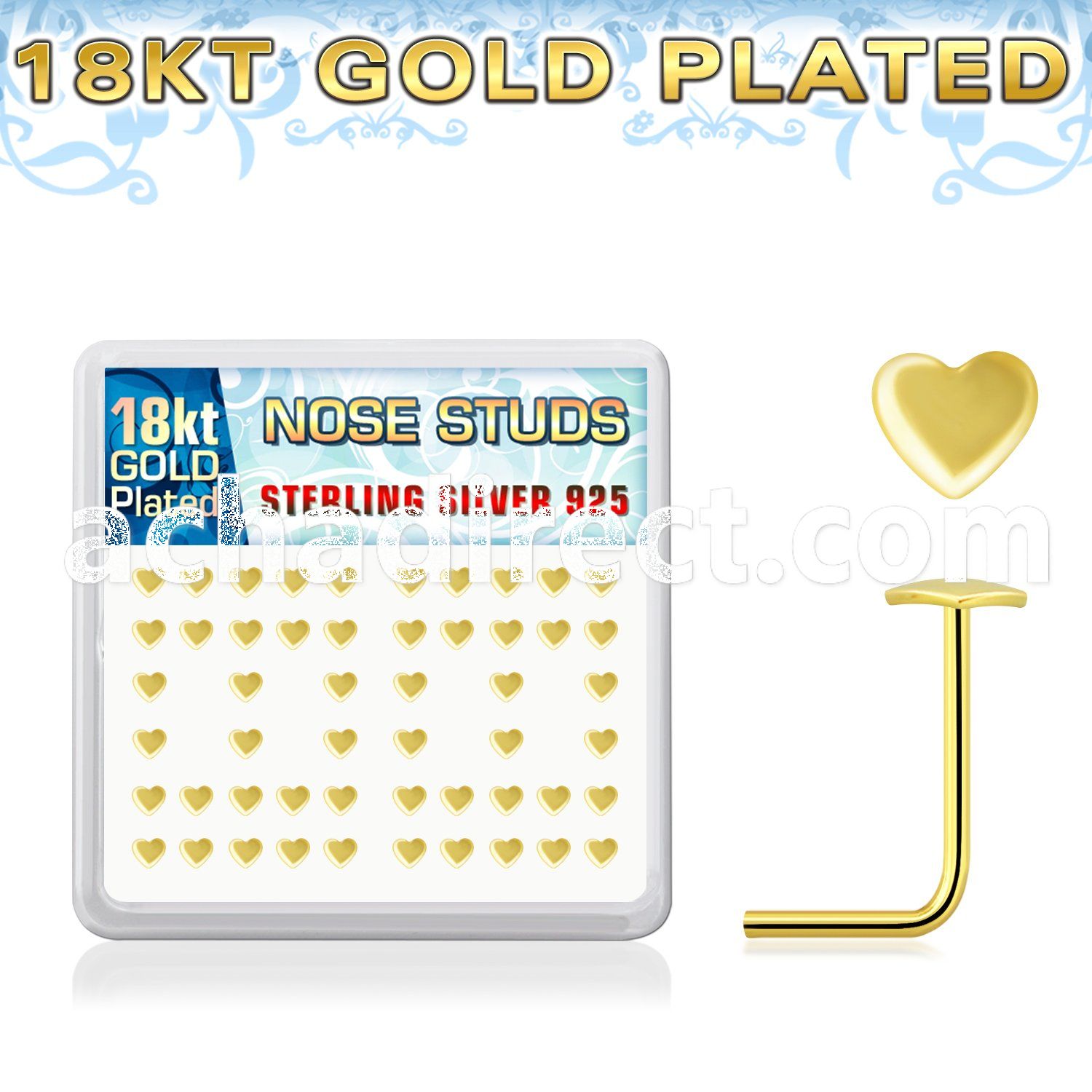 18sxvhr box w gold plated silver nose studs w heart top
