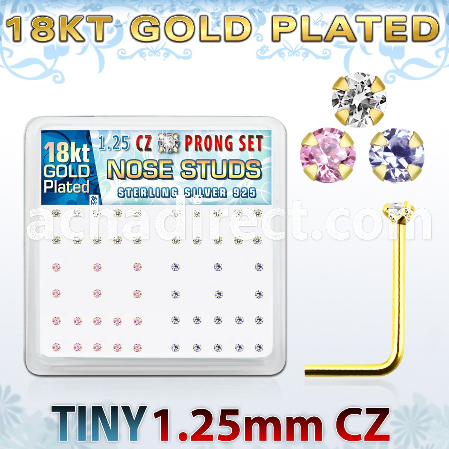 18sz12xm box of gold silver nose studs with 1 25mm prong set cz