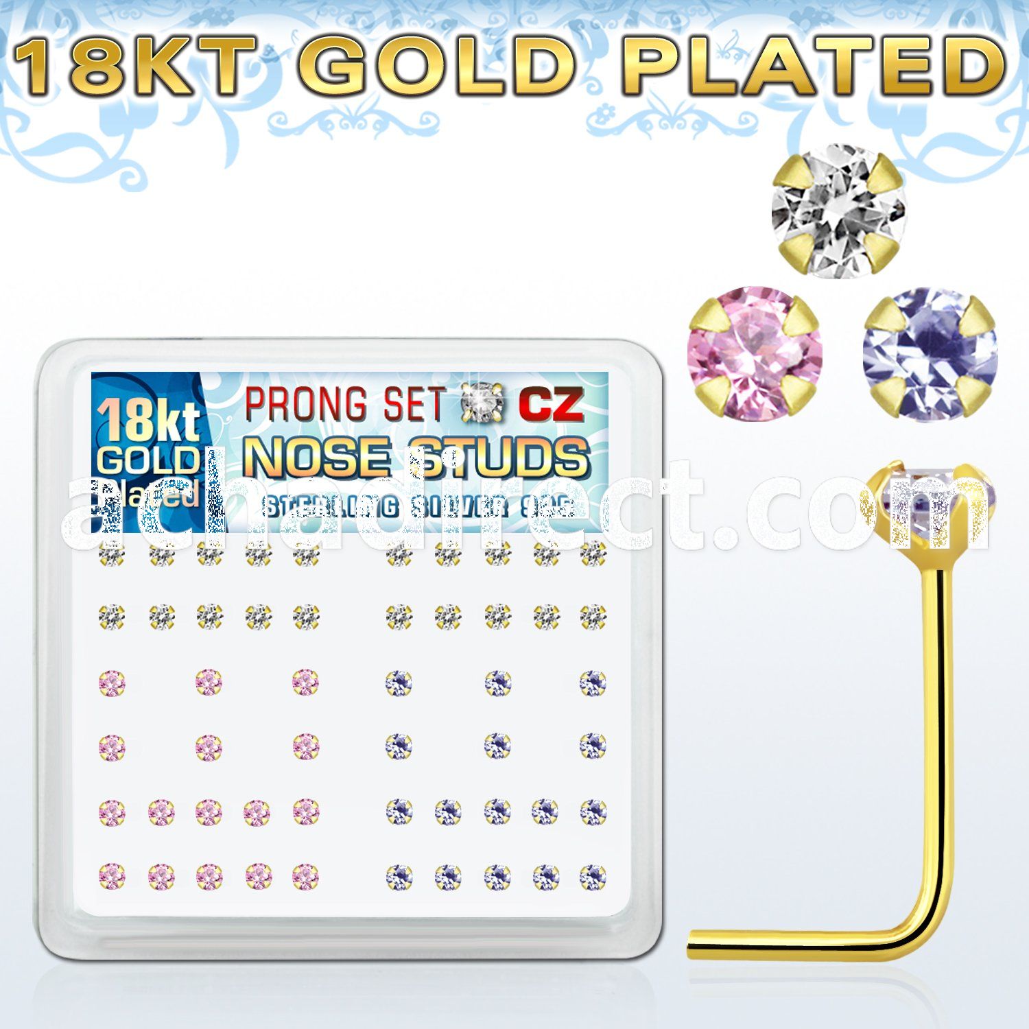 18sz25xm box of gold silver nose studs with 2 5mm prong set cz