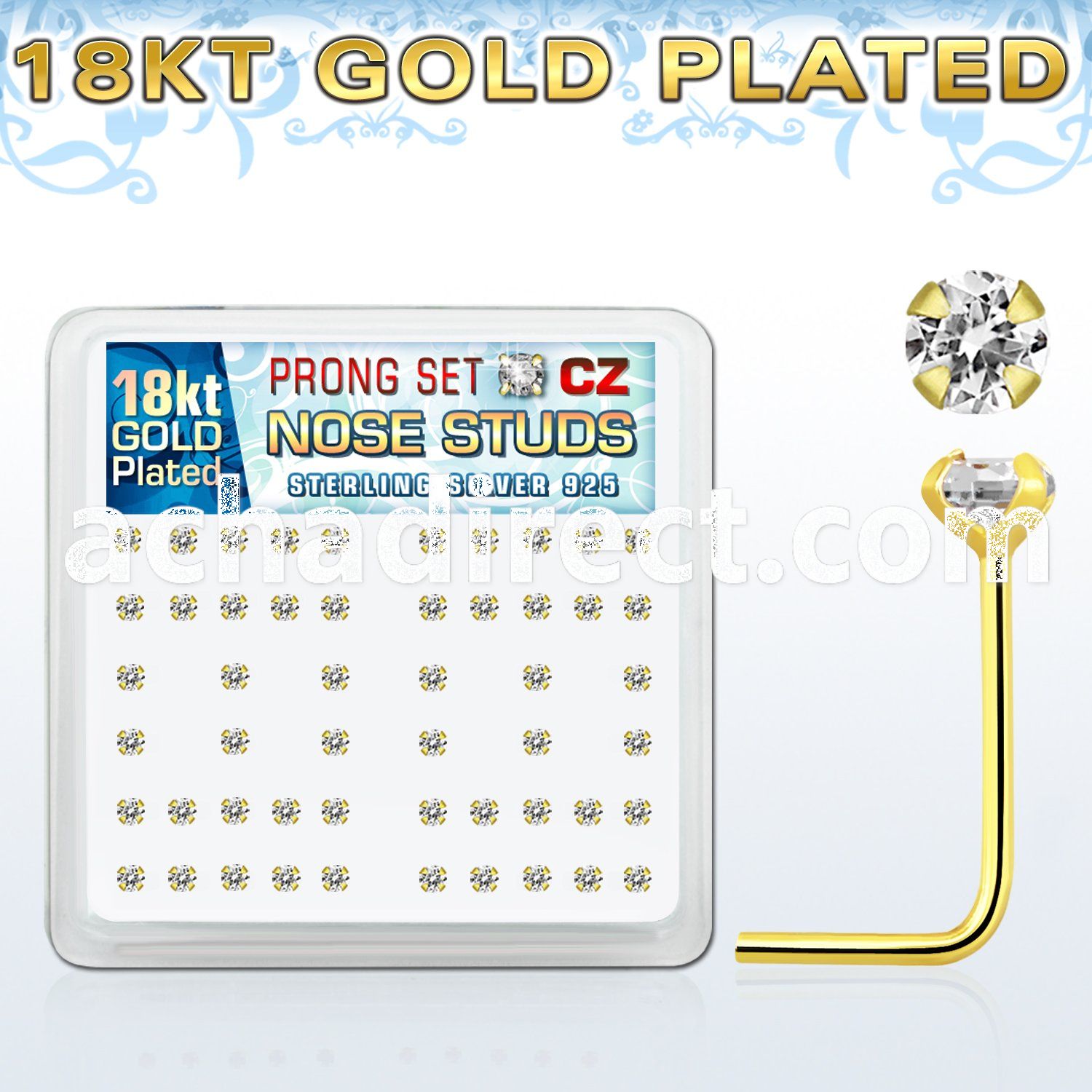 18sz2xc silver nose stud w 18k gold plating 2mm clear czs 