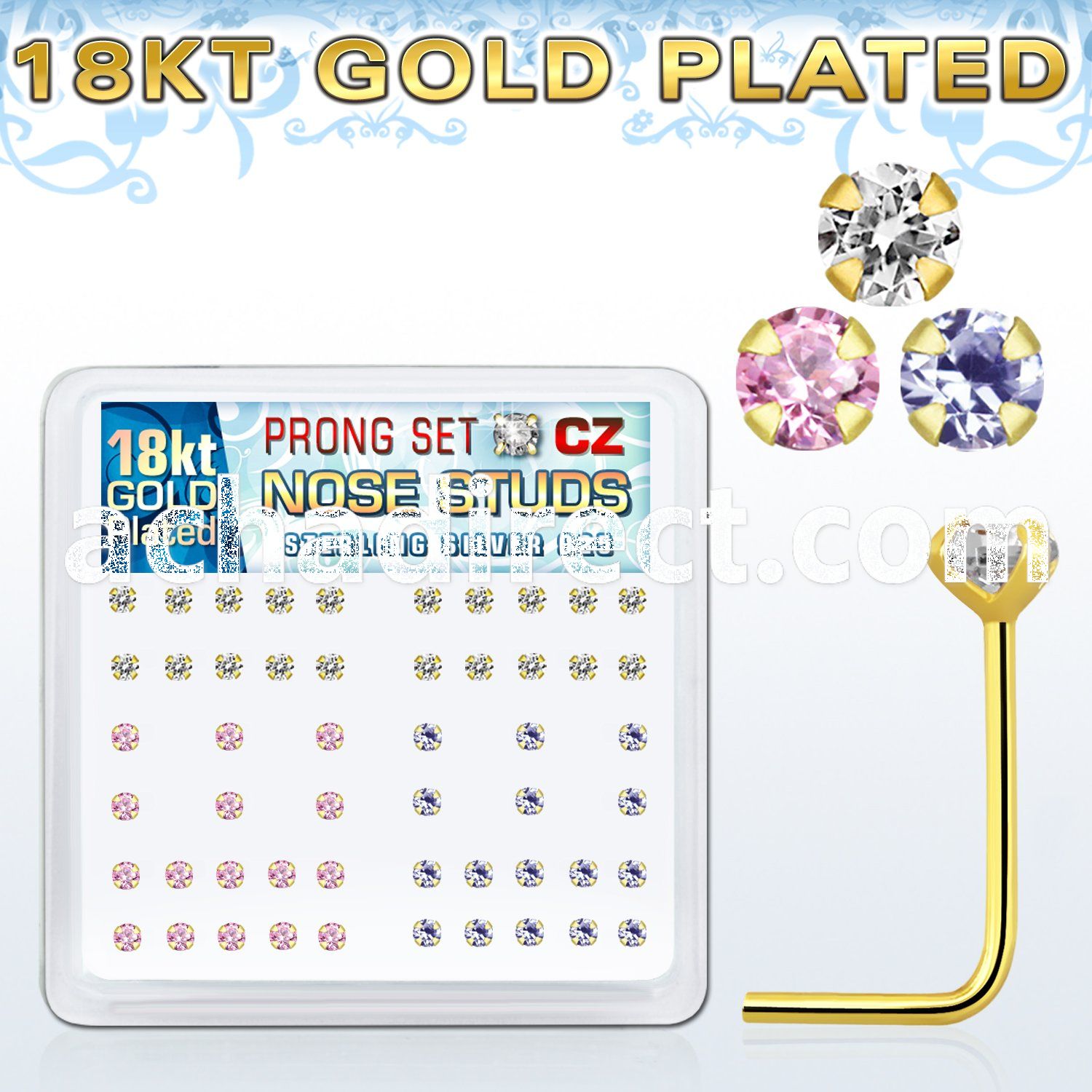 18sz2xm 18k gold plated silver bend it nose stud w prong set cz