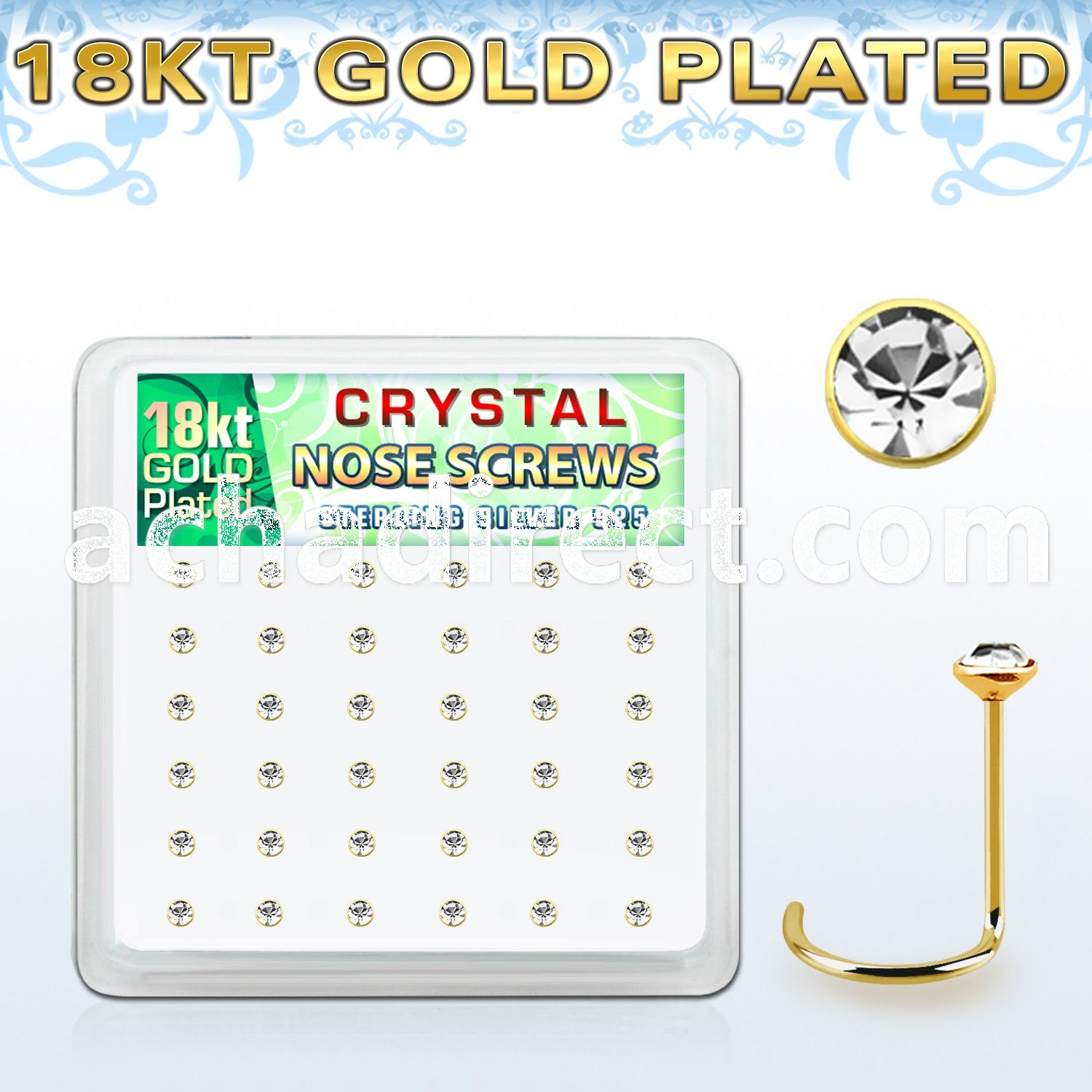 18w14xc box 36 gold plated silver nose screw 2mm clear crystal
