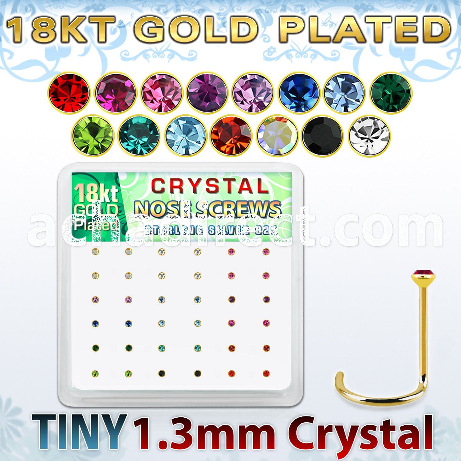 18w6xm box gold plated silver nose screws 1.25mm clear crystals