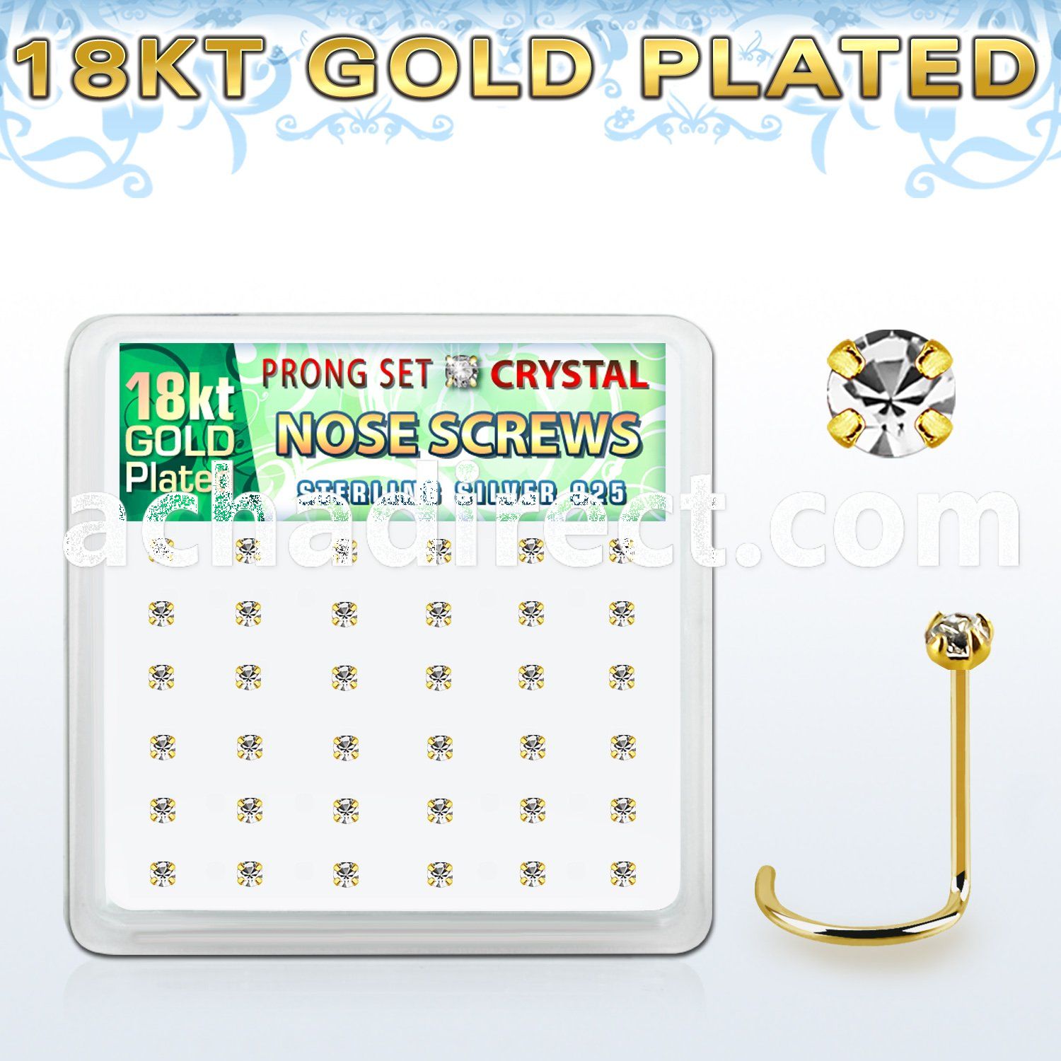 18wp14xc box gold plated silver nose screws w set 2mm crystals