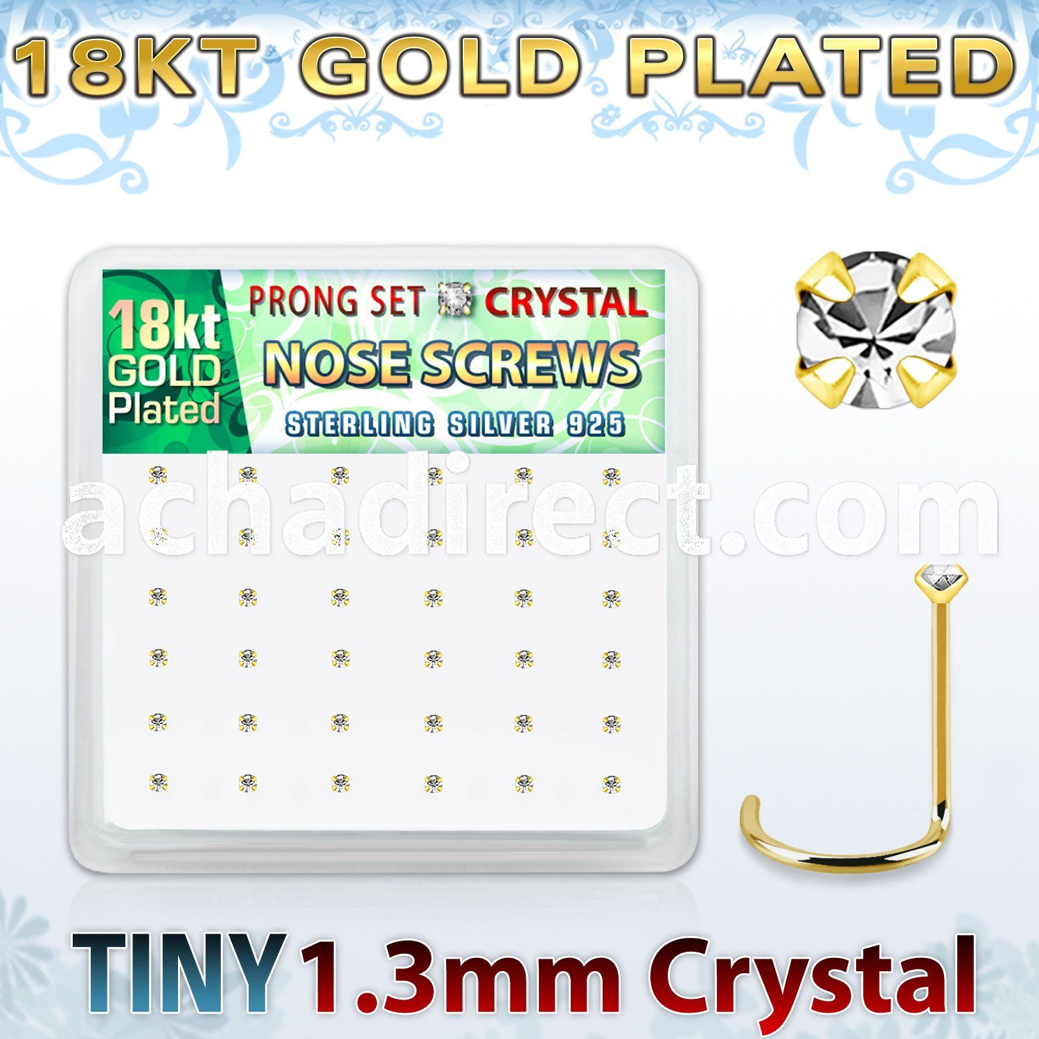 18wp6xc box gold plated silver nose screws w set 1.25mm crystals