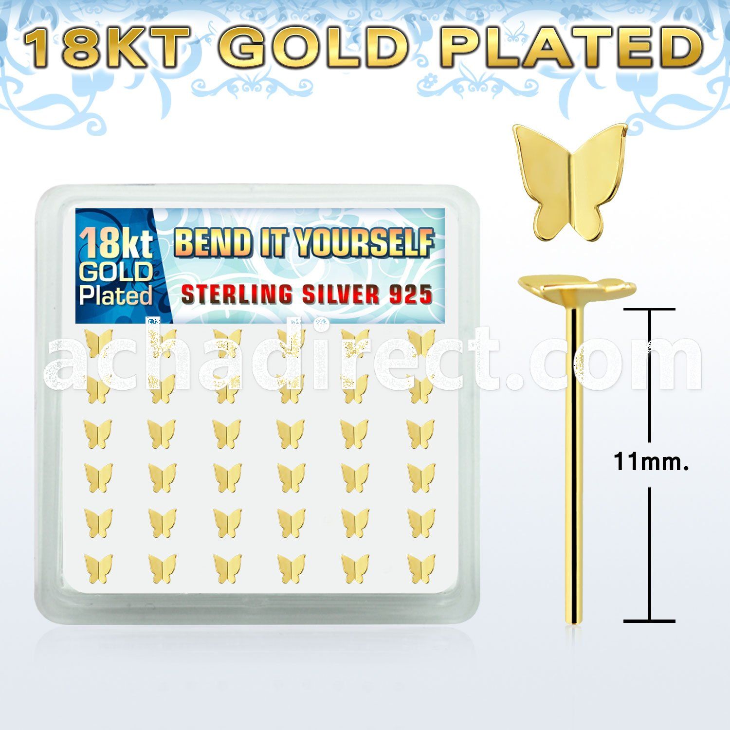 18ybtf36 gold plated silver bend it nose stud w flying butterfly