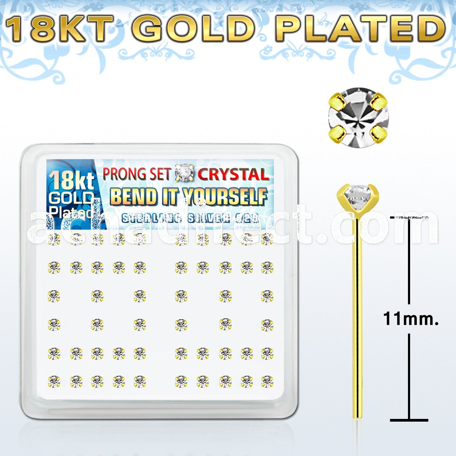 18yp14xc gold plated silver bend it nose stud w 2mm crystal tops