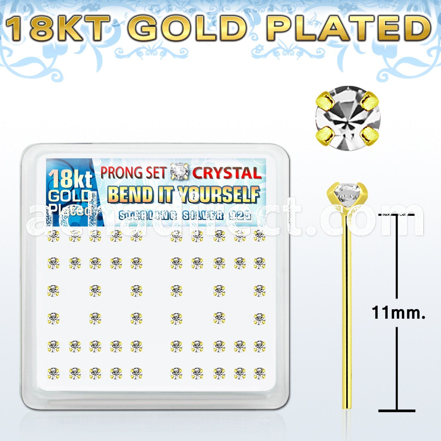 18yp19xc gold silver bend it nose studs with clear prong crystal