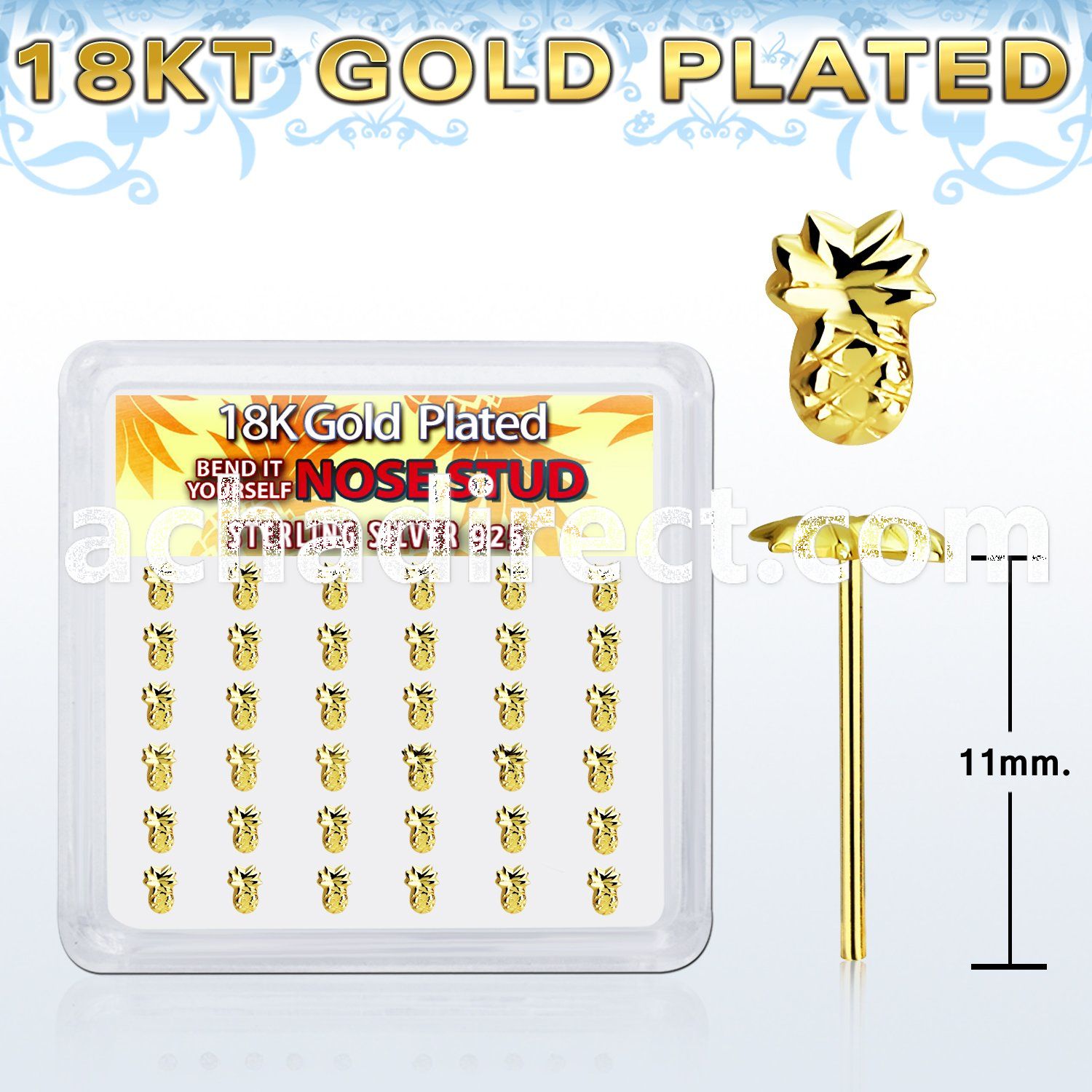 18yvpa36 box w gold plated silver bend it nose stud w pineapple