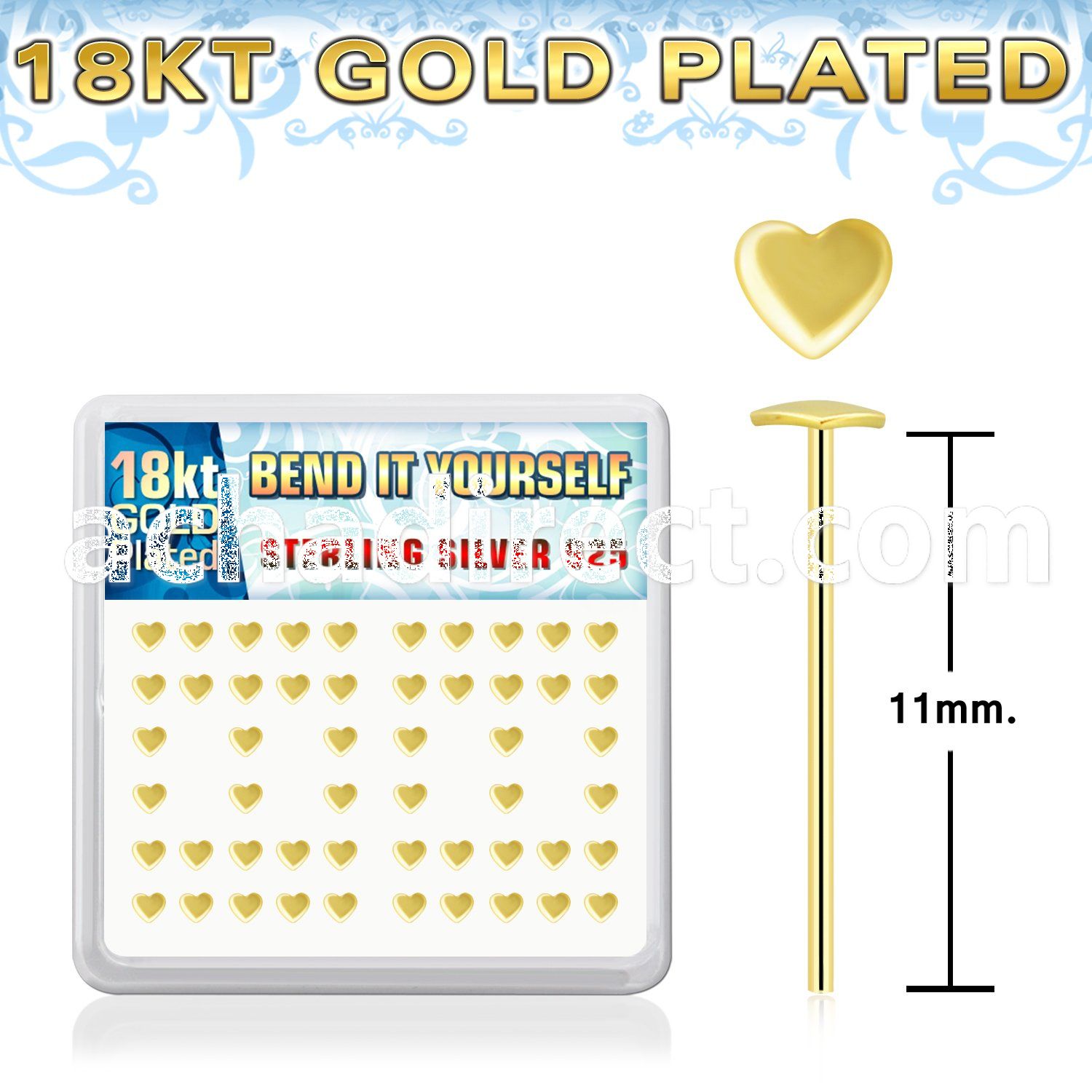 18yxvhr box w gold plated silver bend it nose stud w heart top