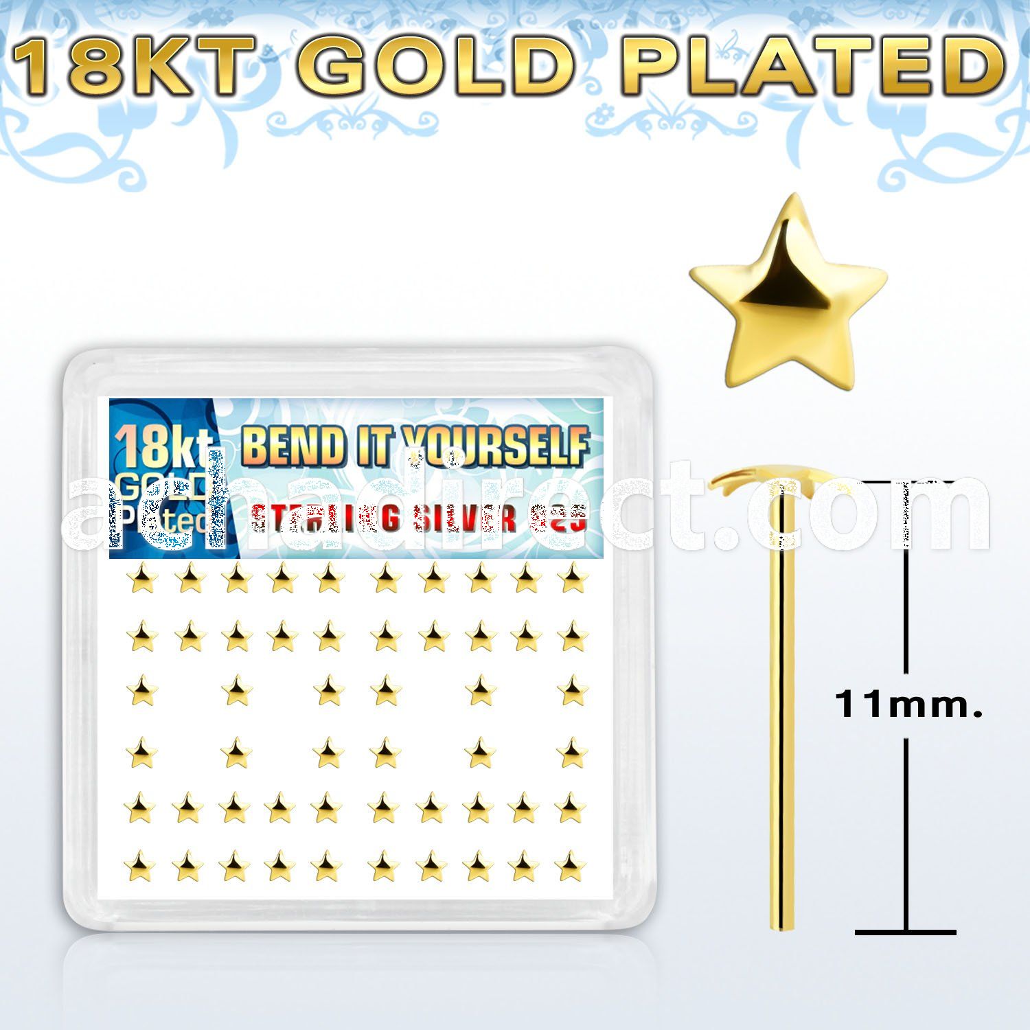 18yxvsar box w gold plated silver bend it nose studs w star top