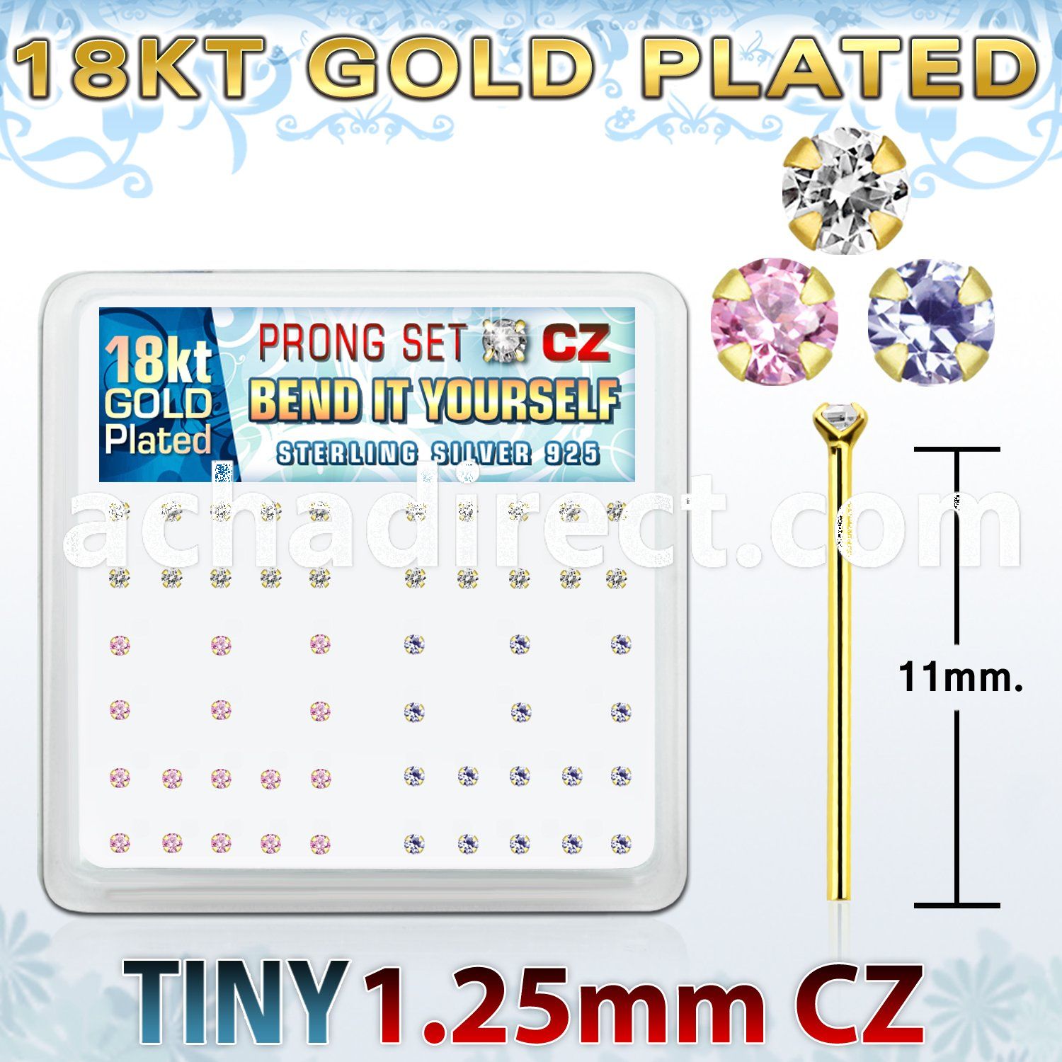 18yz12xm gold silver bend it nose studs w 1 25mm prong set cz