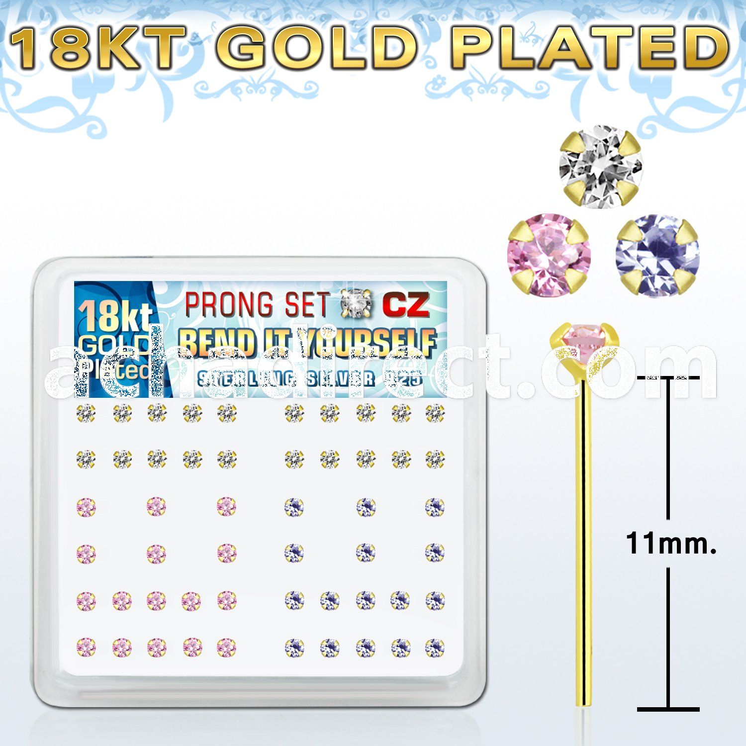 18yz25xm gold silver bend it nose studs with 2 5mm prong set cz