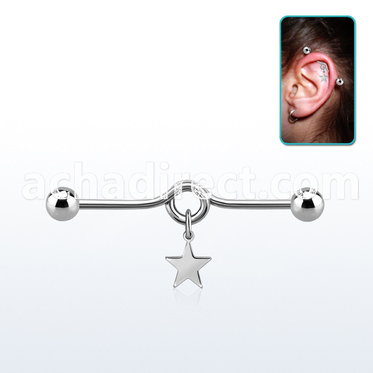 316l steel industrial loop barbell w dangling steel star