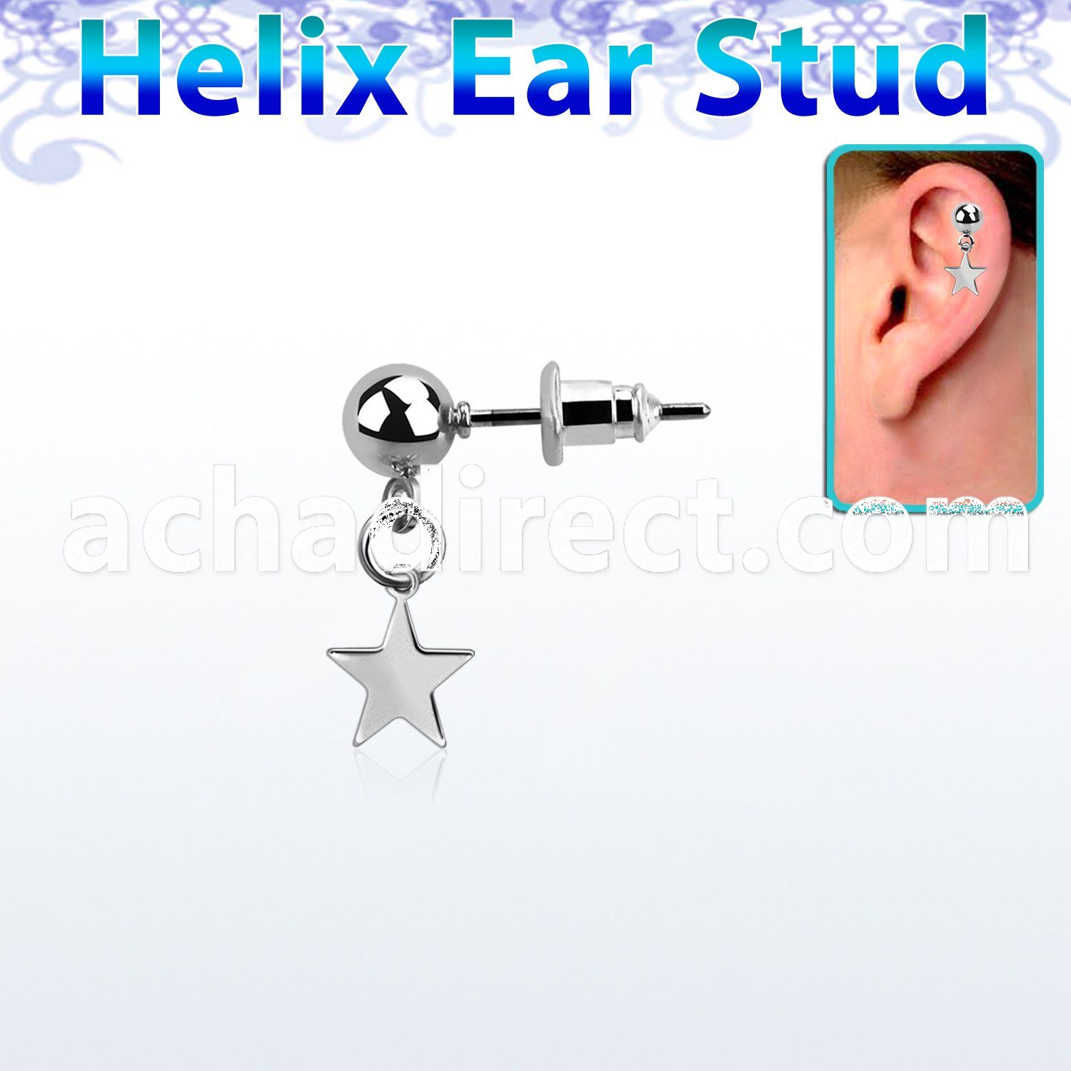 5mm ball steel helix ear stud w a dangling steel star