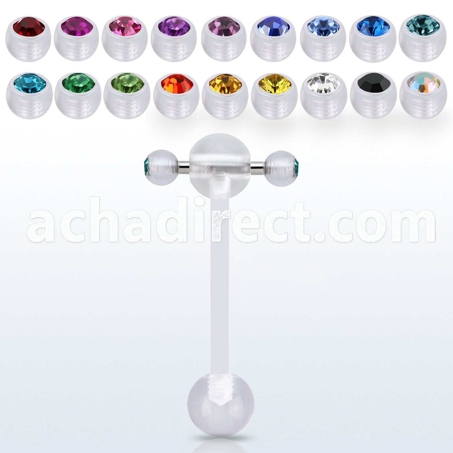 abbajspn acrylic spinner tongue barbell w two 3mm ball w crystal