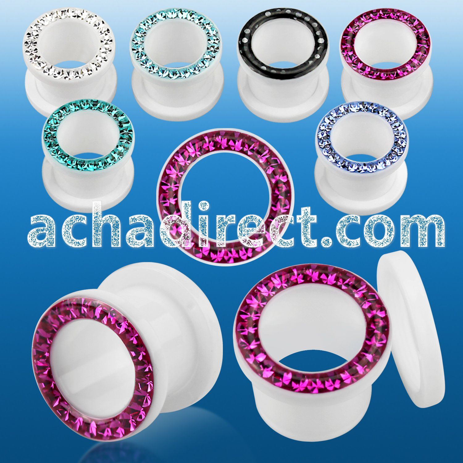 afefr white acrylic flesh tunnel with ferido multi crystal rim