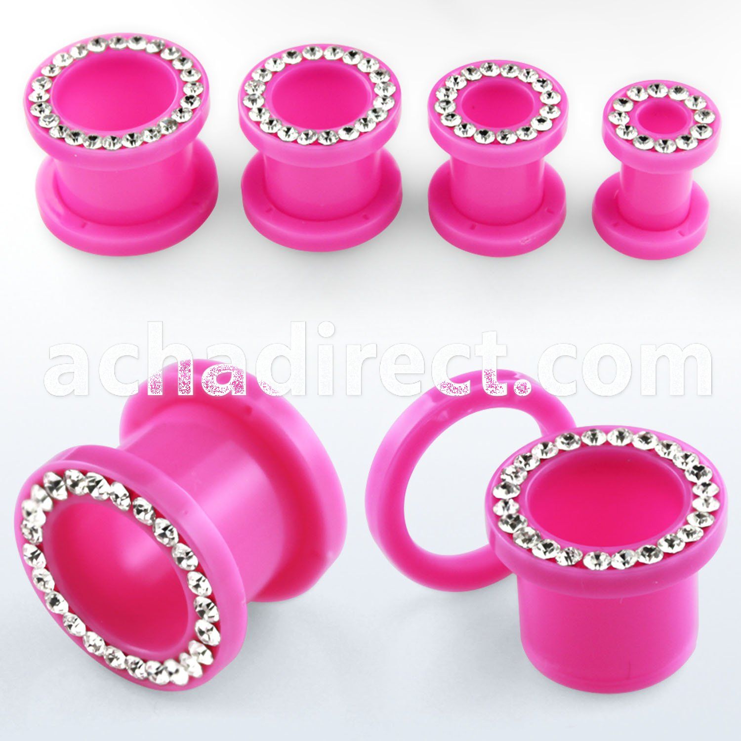 afemp pink acrylic screwfit flesh tunnel with clear crystal
