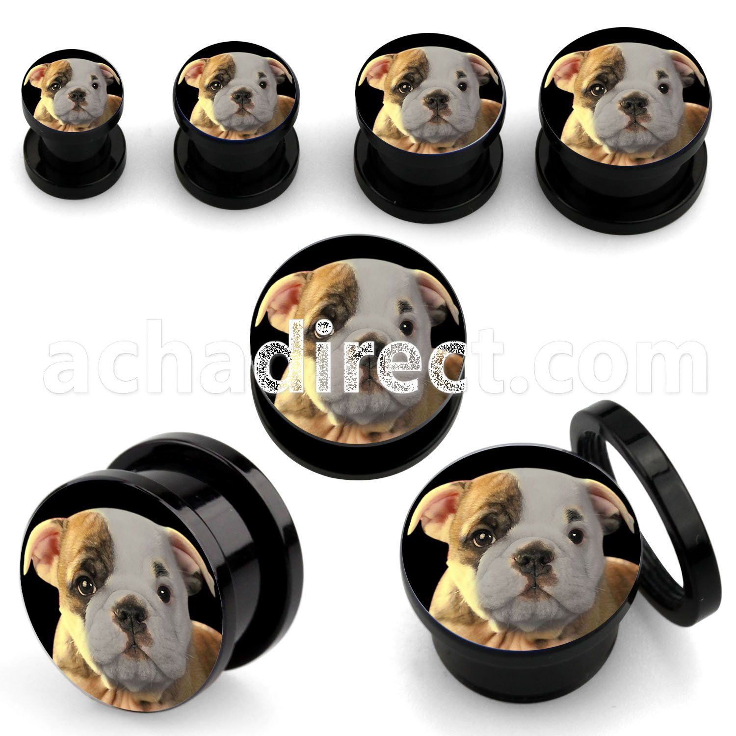 afpggg black acrylic screw fit plug with bulldog puppy logo