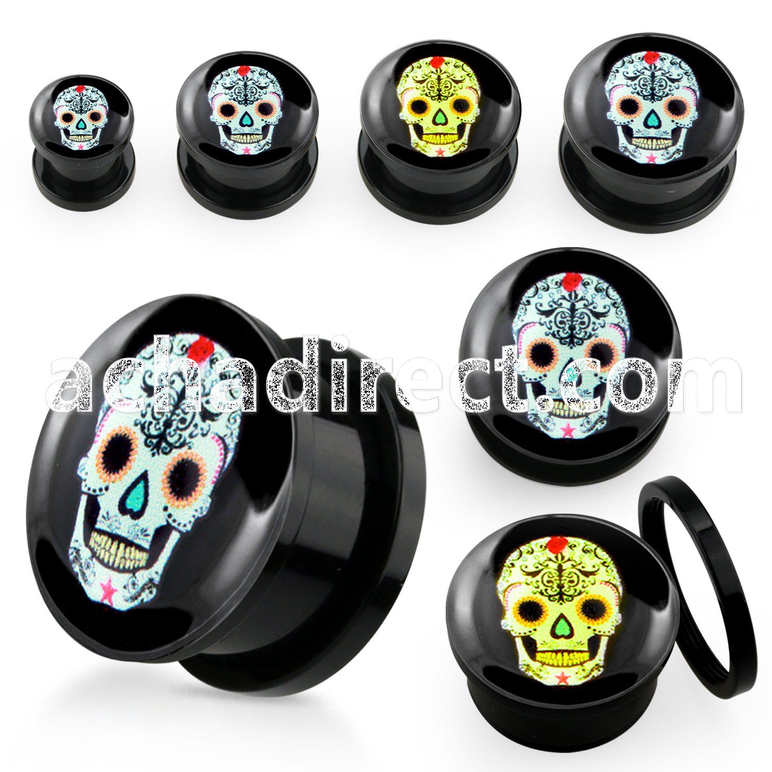 afpz black acrylic screwfit plug with sugar skull logo