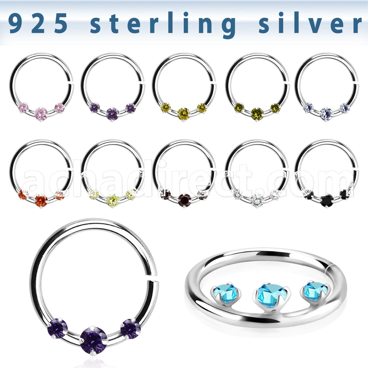 agspvz1 silver seamless ring for septum piercings, 18g w czs