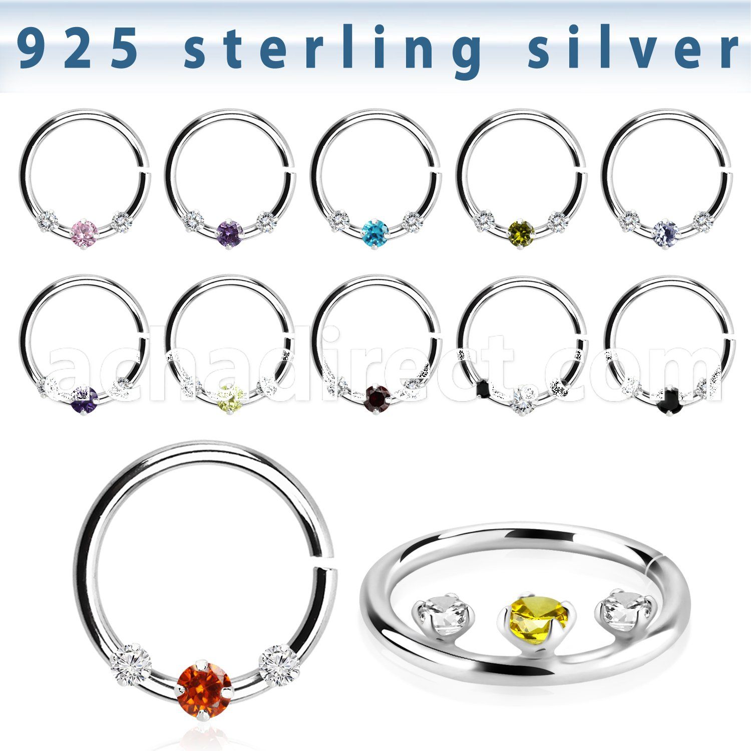 agspvz1x silver seamless ring for septum piercings, 18g w 3 czs
