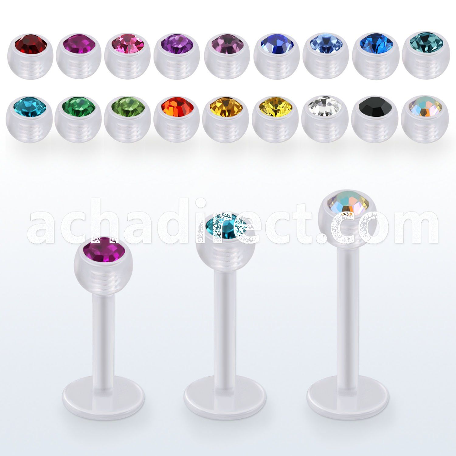 albajb4 bio  flex labret w 4mm balls with bezel set crystal