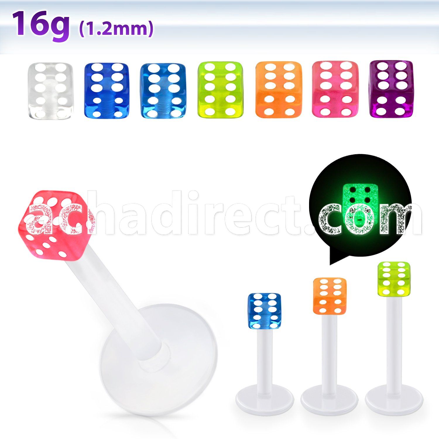 albgld3 bio  flex labret w 3mm glow in the dark acrylic dice